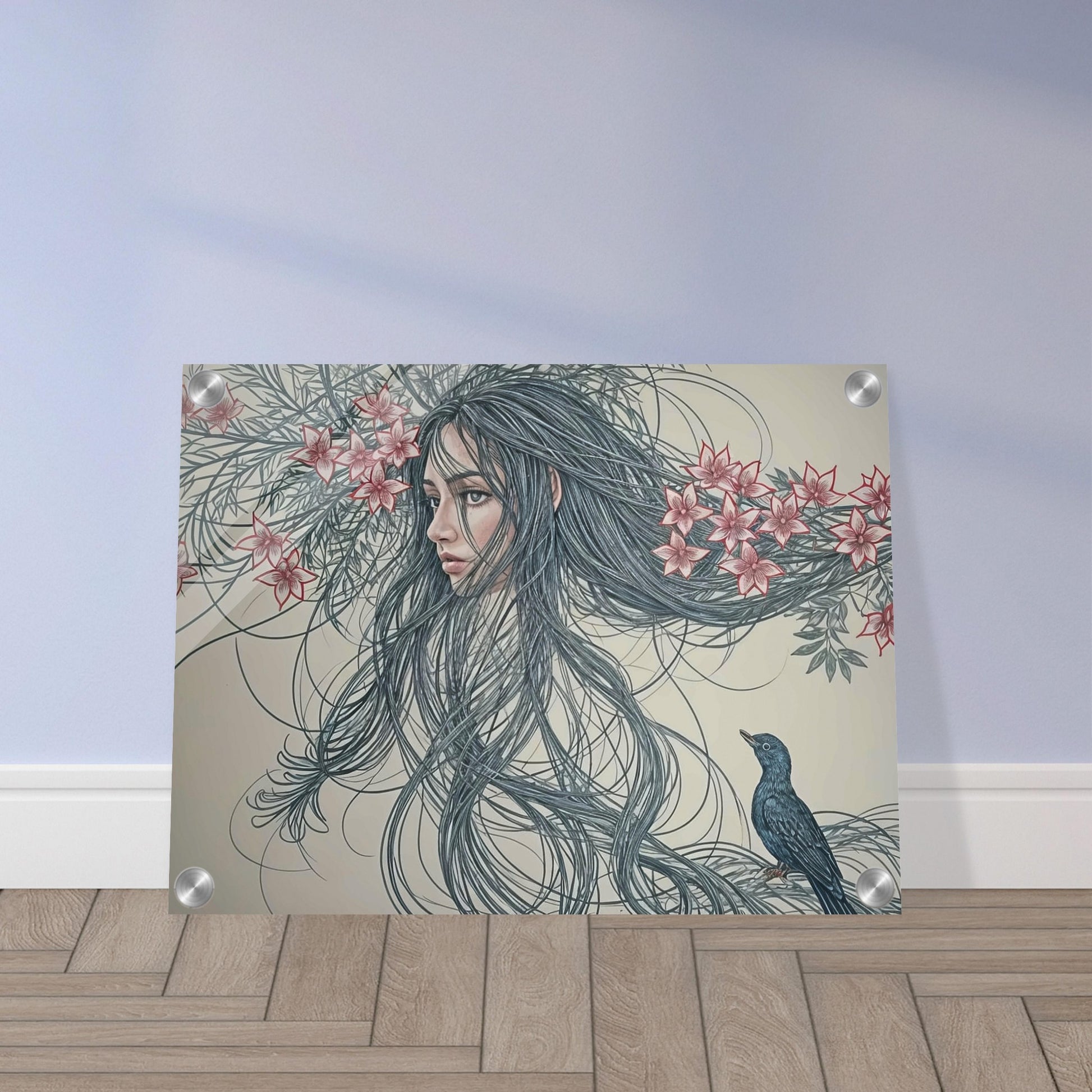 A surreal painting depicting a woman's face intertwined with long flowing hair and flowers, accompanied by a small bird.