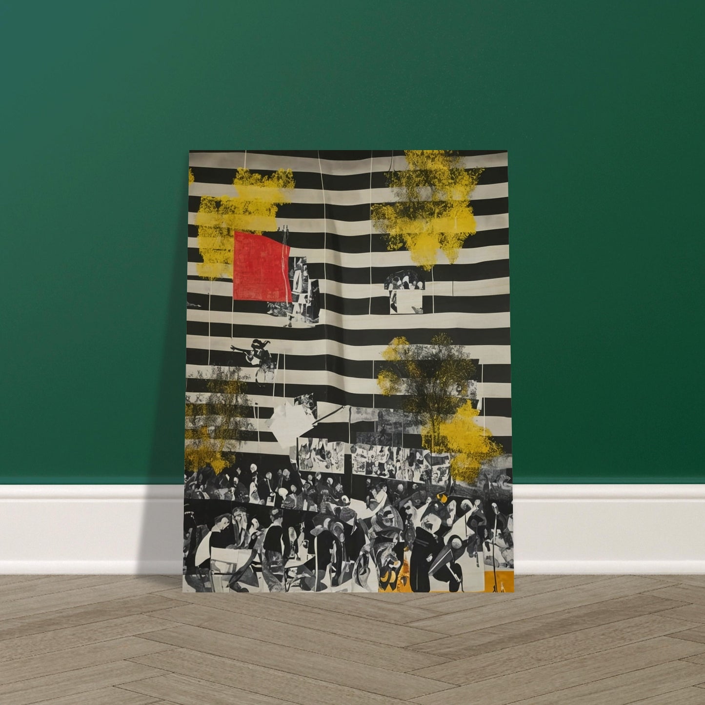 An abstract painting with black and white stripes, overlaid with yellow splashes and historical photographs.
