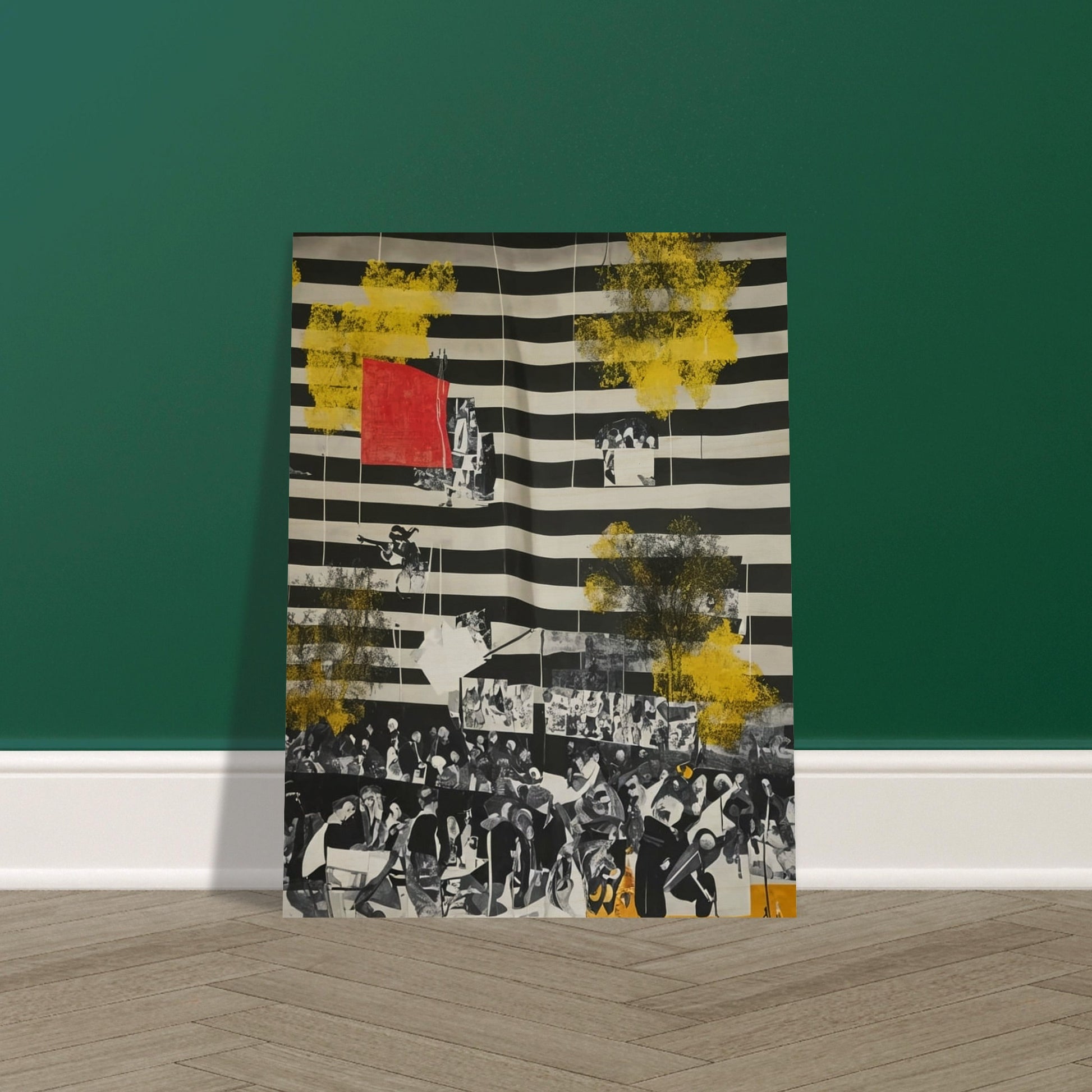 An abstract painting with black and white stripes, overlaid with yellow splashes and historical photographs.