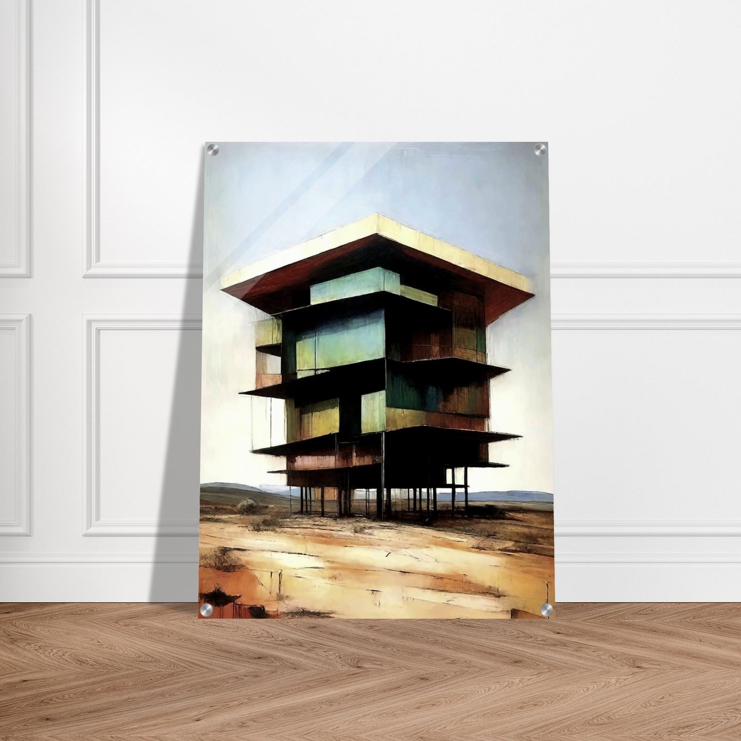 A modern, multi-level building standing on tall stilts in a desolate desert landscape, with earthy tones and a minimal sky.