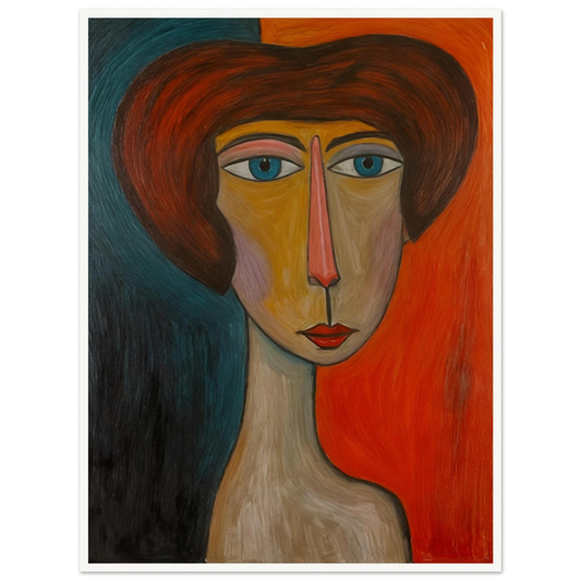 Bold-faced portrait with exaggerated features, split by warm and cool tones, exuding quiet strength and duality.
