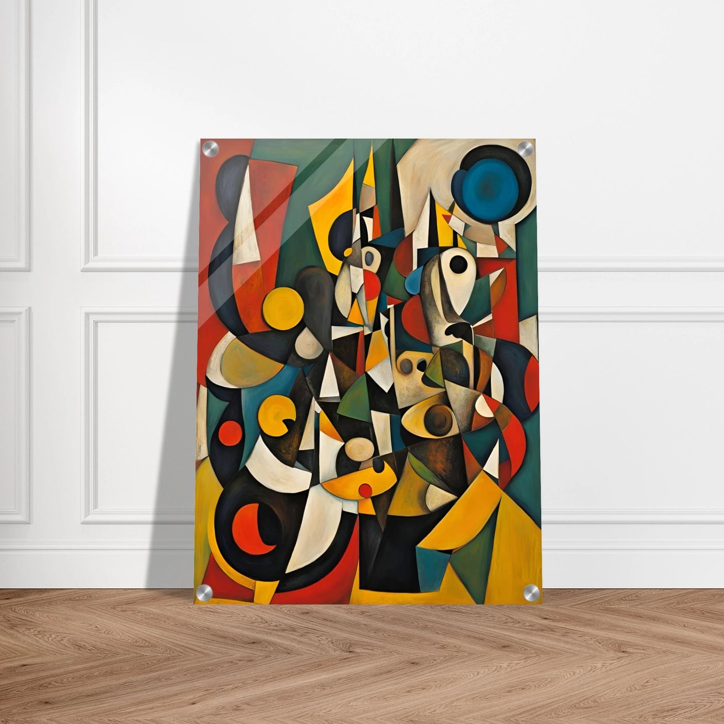 A vivid cubist-inspired painting with fragmented shapes, bold colors, and layered geometric forms that evoke human silhouettes and movement.