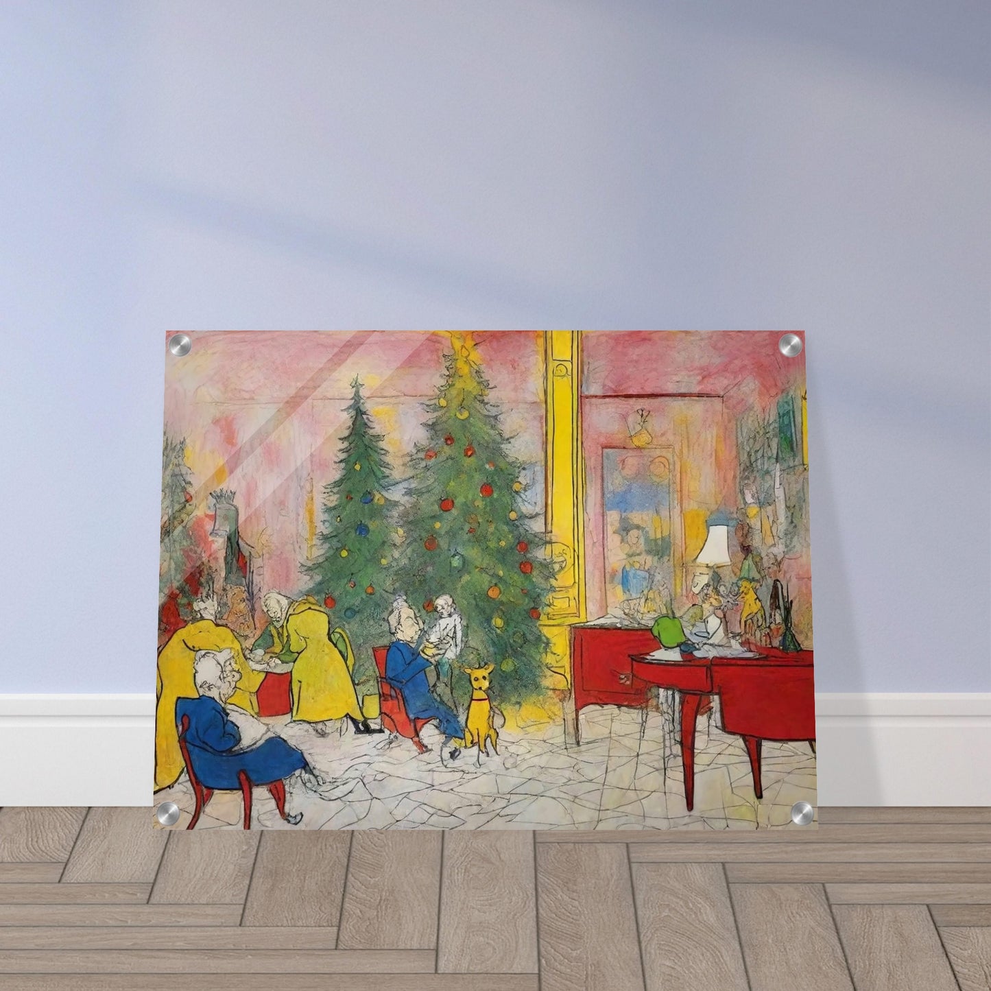 A cozy holiday scene featuring family members and pets gathered around a decorated Christmas tree in a colorful living room, capturing the warmth and joy of the season.