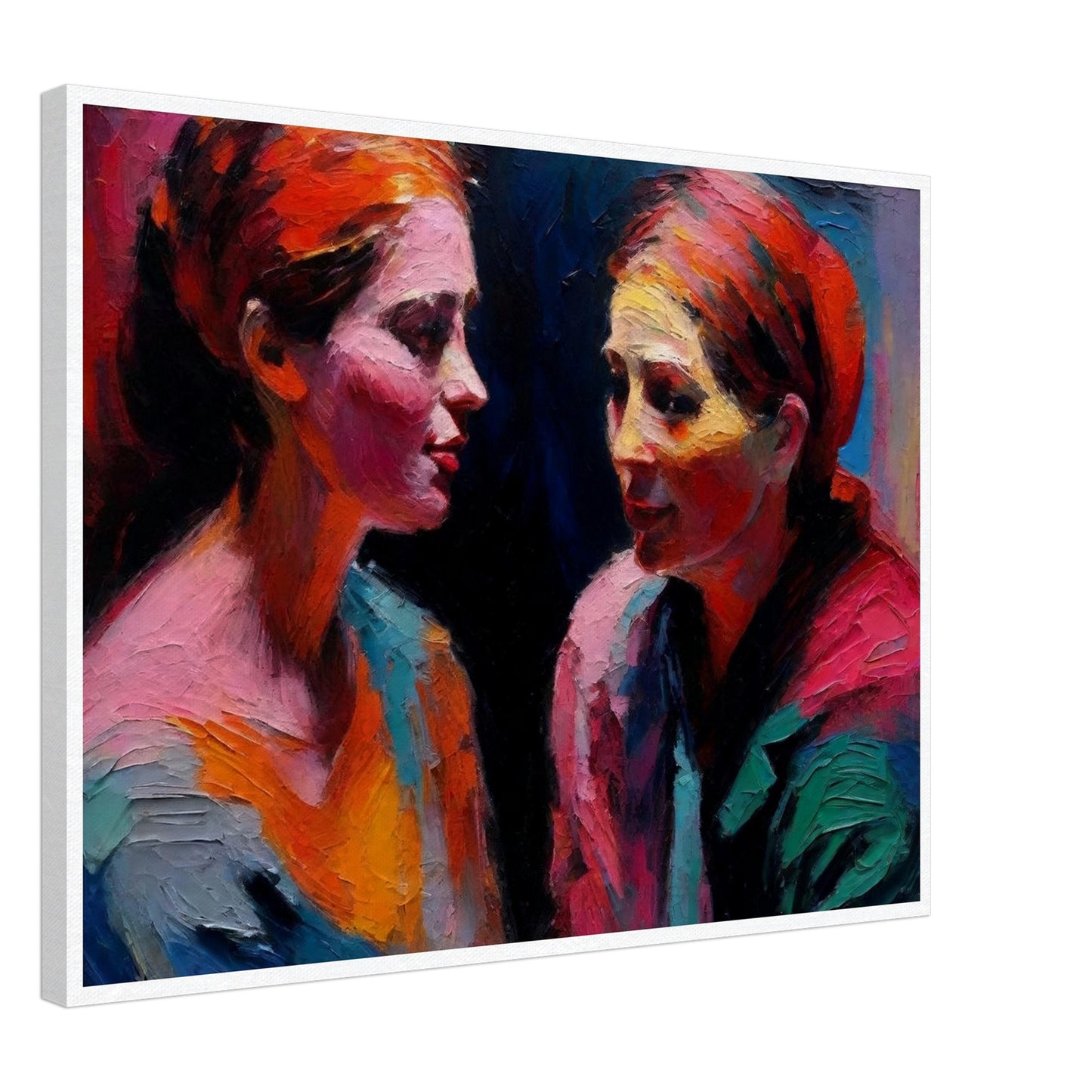 An expressive painting of two women engaged in a deep conversation, using bold and vibrant colors.