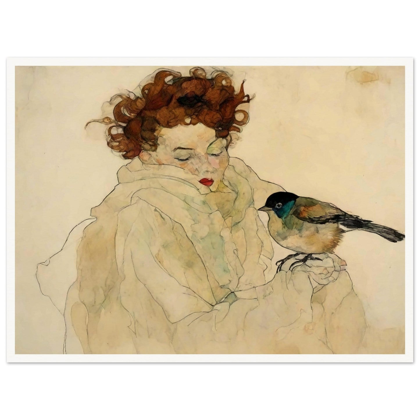 "A soft, expressive portrait of a woman with curly hair and a bird perched on her hand, both surrounded by gentle, muted tones."