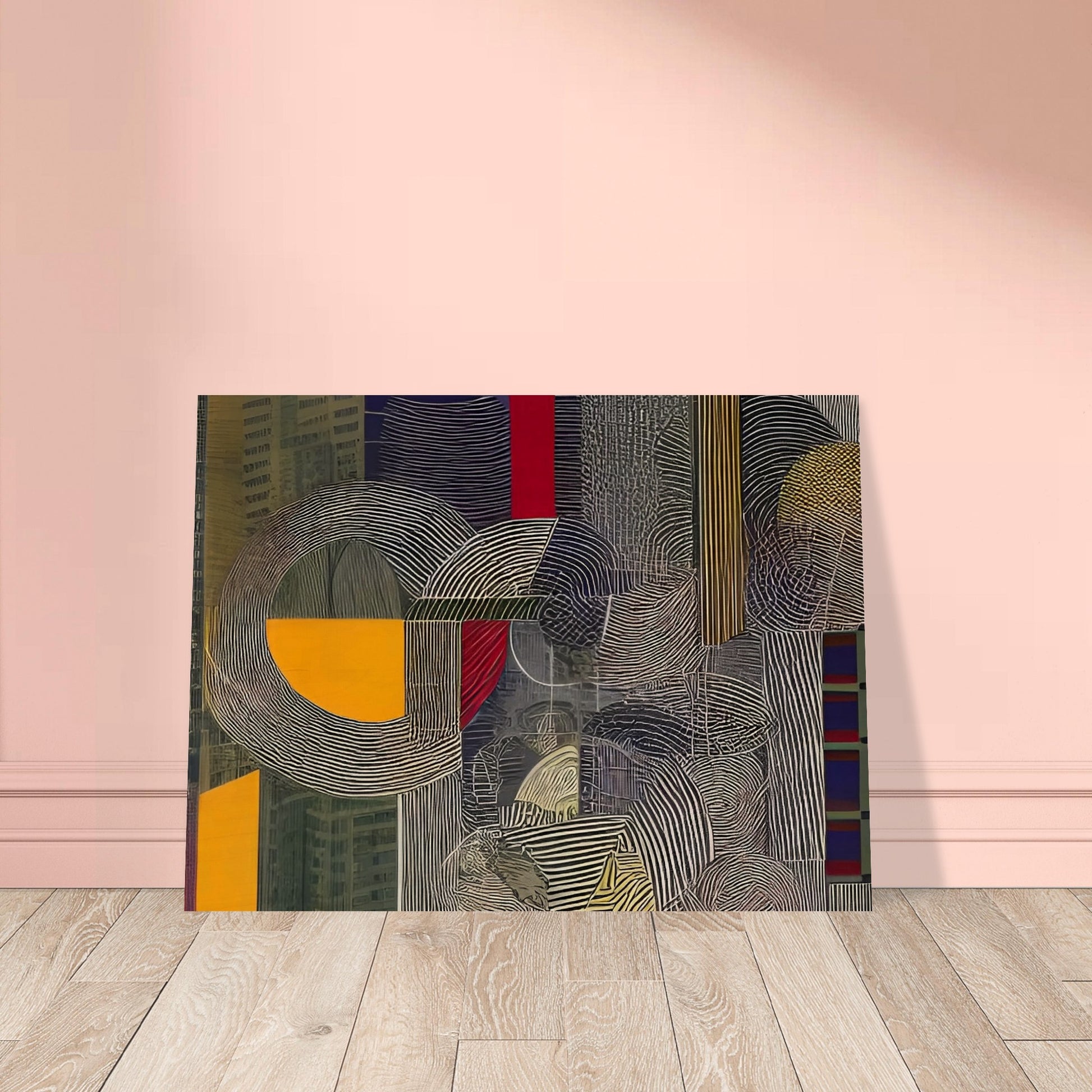 A contemporary abstract painting featuring bold geometric shapes, lines, and patterns, evoking an urban architectural landscape.