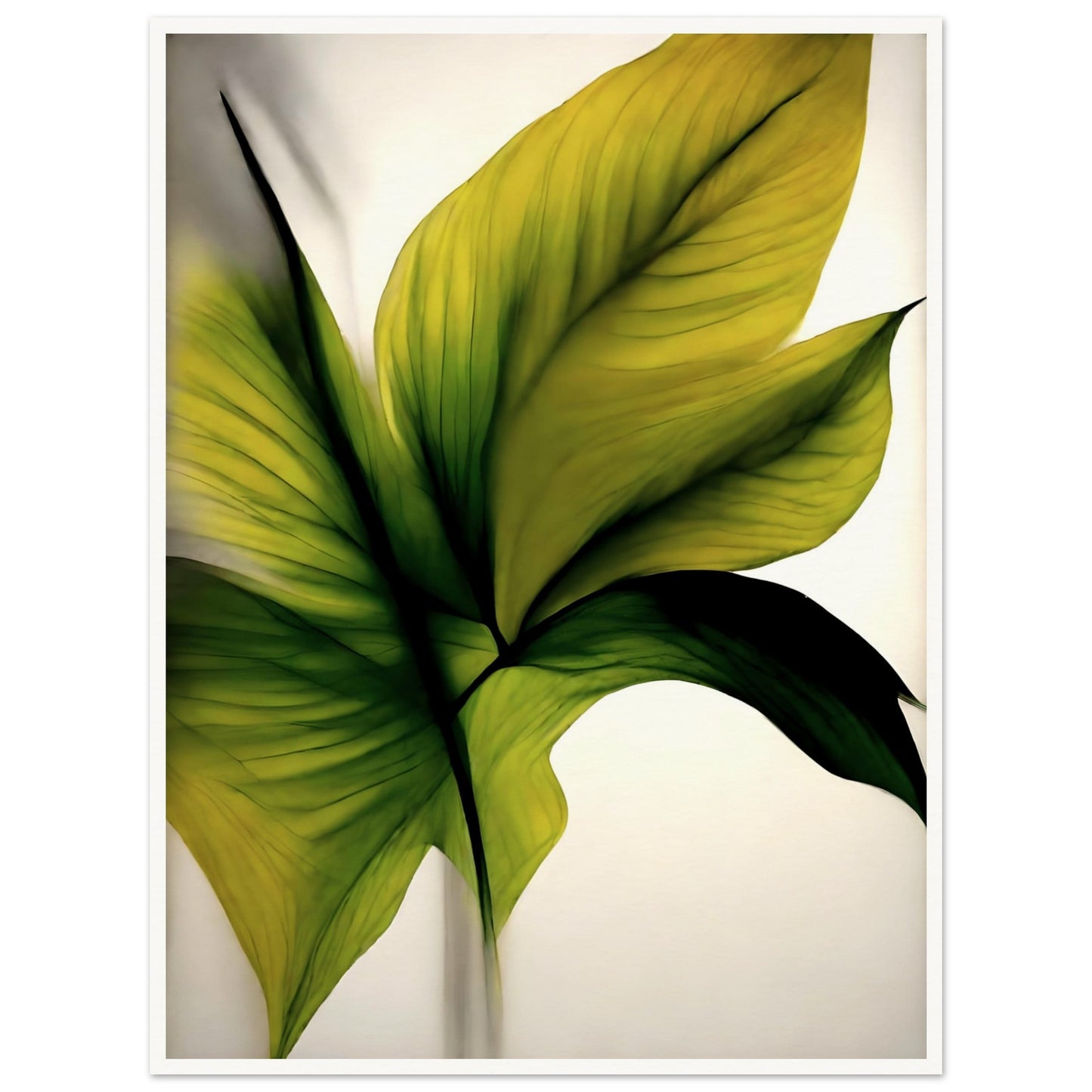A minimalistic and elegant painting of lush green and golden leaves, highlighting delicate textures and veins against a soft, light background.
