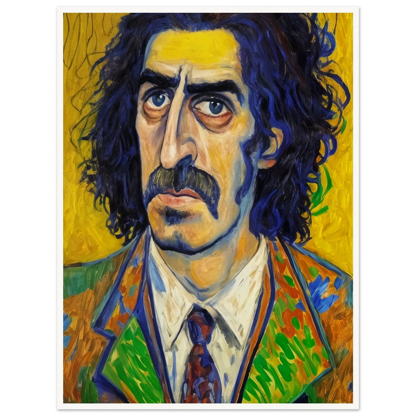 A vibrant portrait of a man with deep-set eyes and thick mustache, framed by wild dark hair. His colorful, patterned suit contrasts with a vivid yellow background.