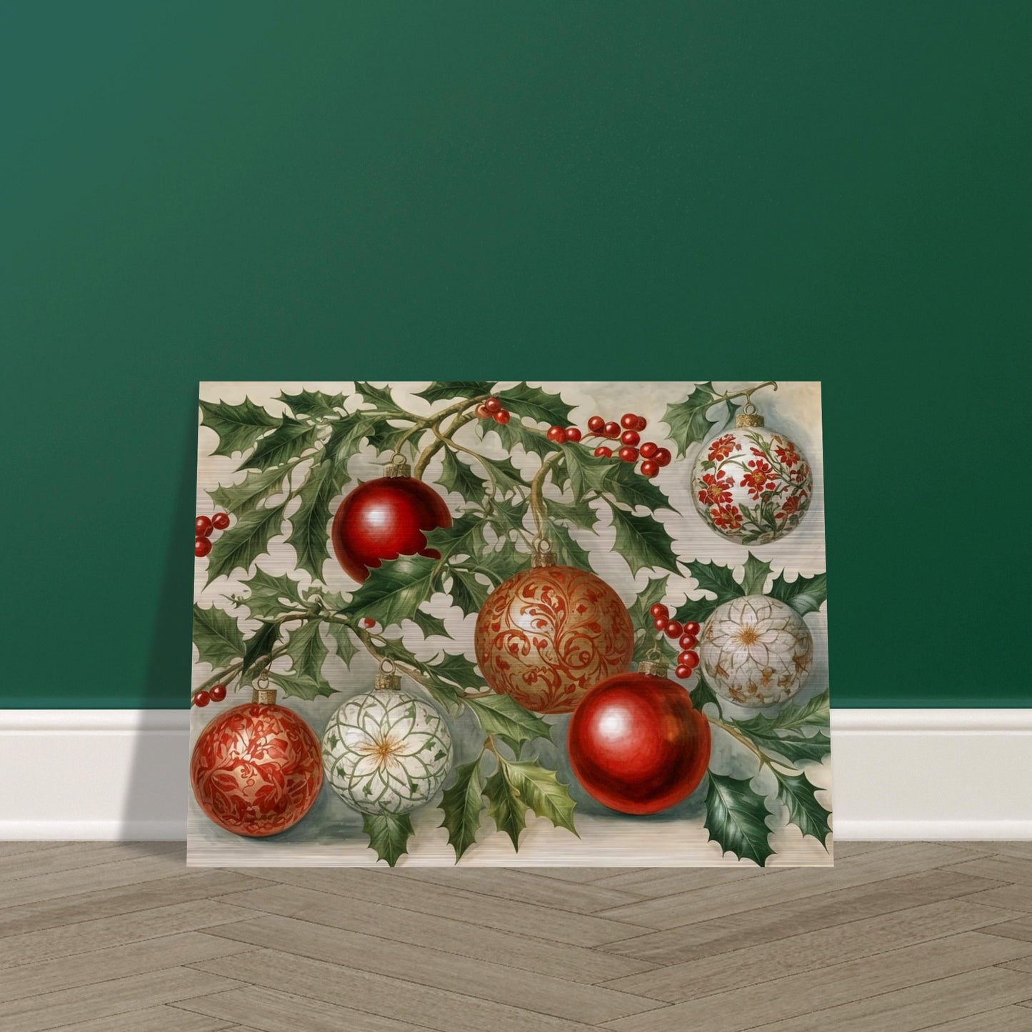 A festive display of red and gold Christmas ornaments hanging from holly branches, adorned with intricate floral and scroll patterns, evoking holiday elegance and warmth.
