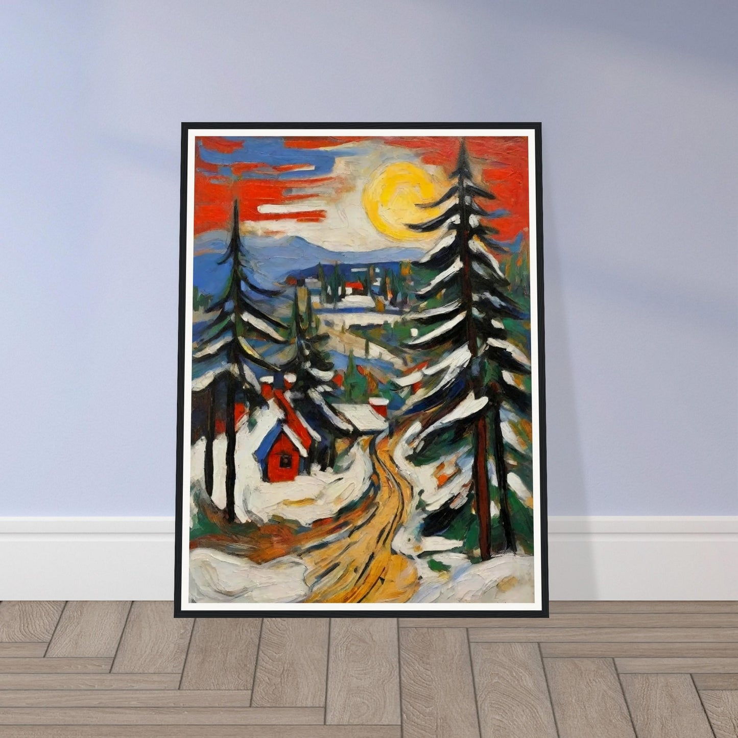 "A vibrant painting of a snow-covered village under a bright yellow sun, with tall pine trees and a winding golden path leading through the scene."