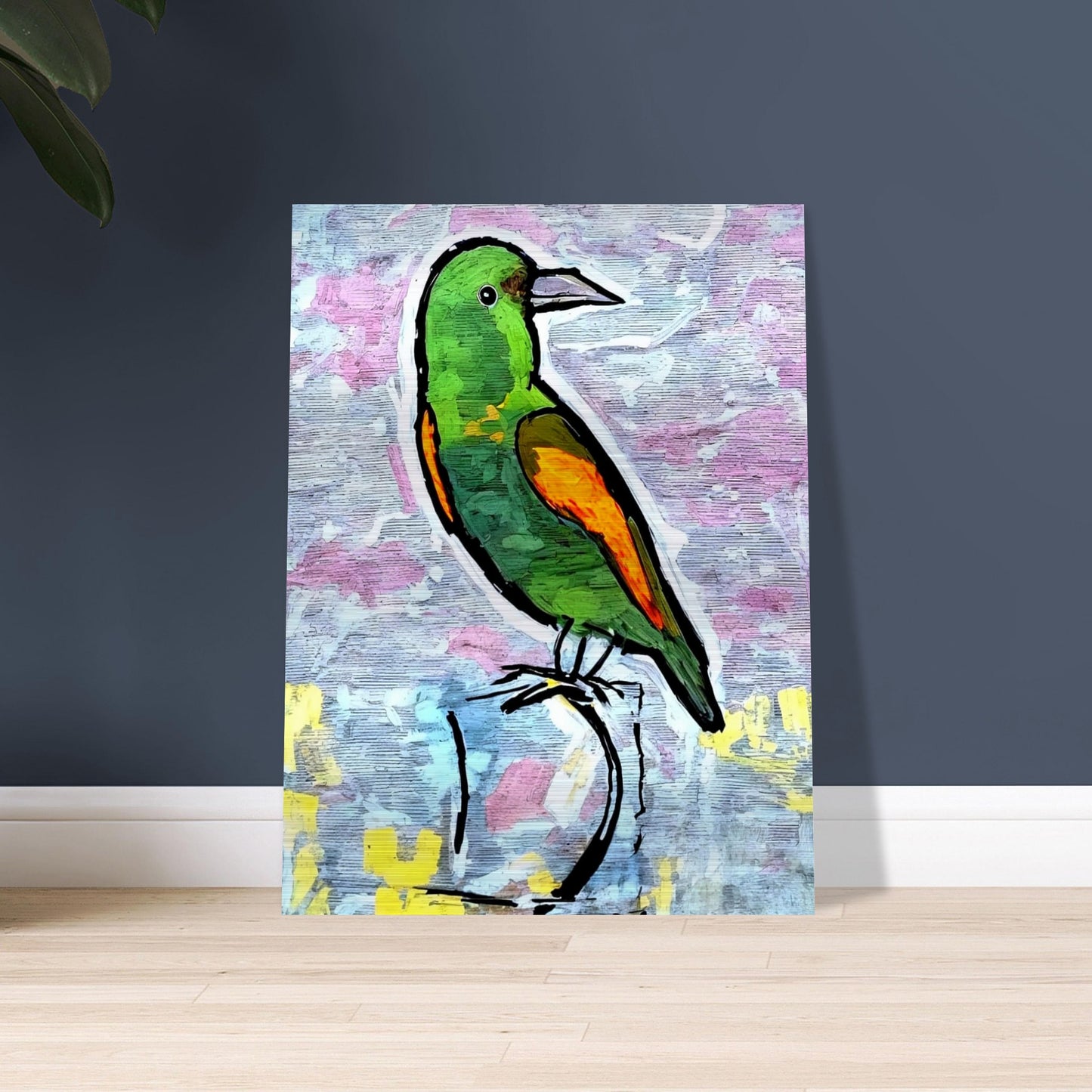 A colorful green and orange bird sits perched against a soft, textured pastel background, highlighting its vibrant feathers and watchful gaze.