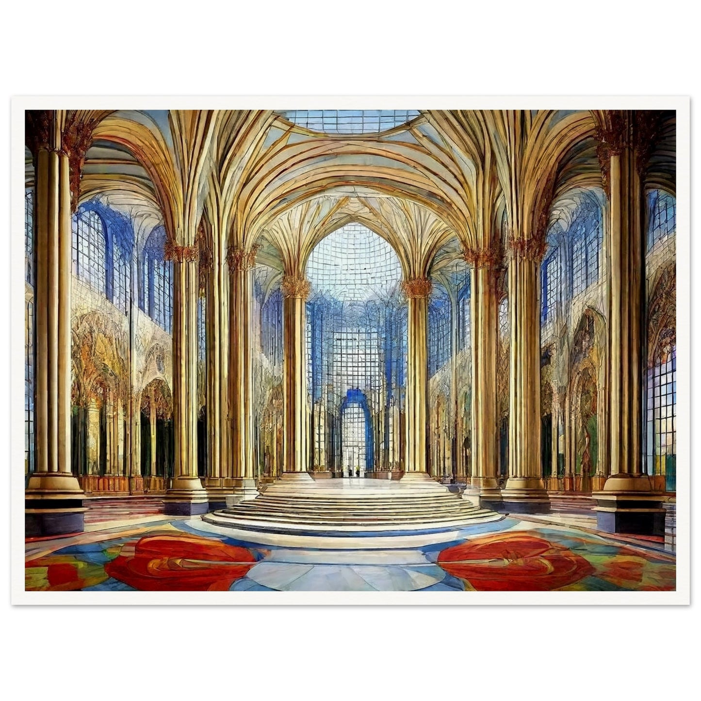 A grandiose hall with towering golden columns, intricate arched ceilings, and expansive windows that fill the space with light and color.