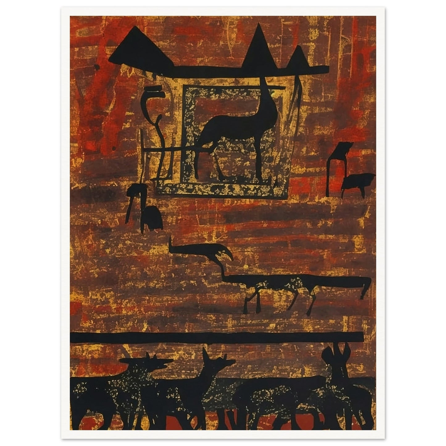 A rustic painting of silhouetted animals and geometric shapes on an earthy, textured background with rich red and brown hues.