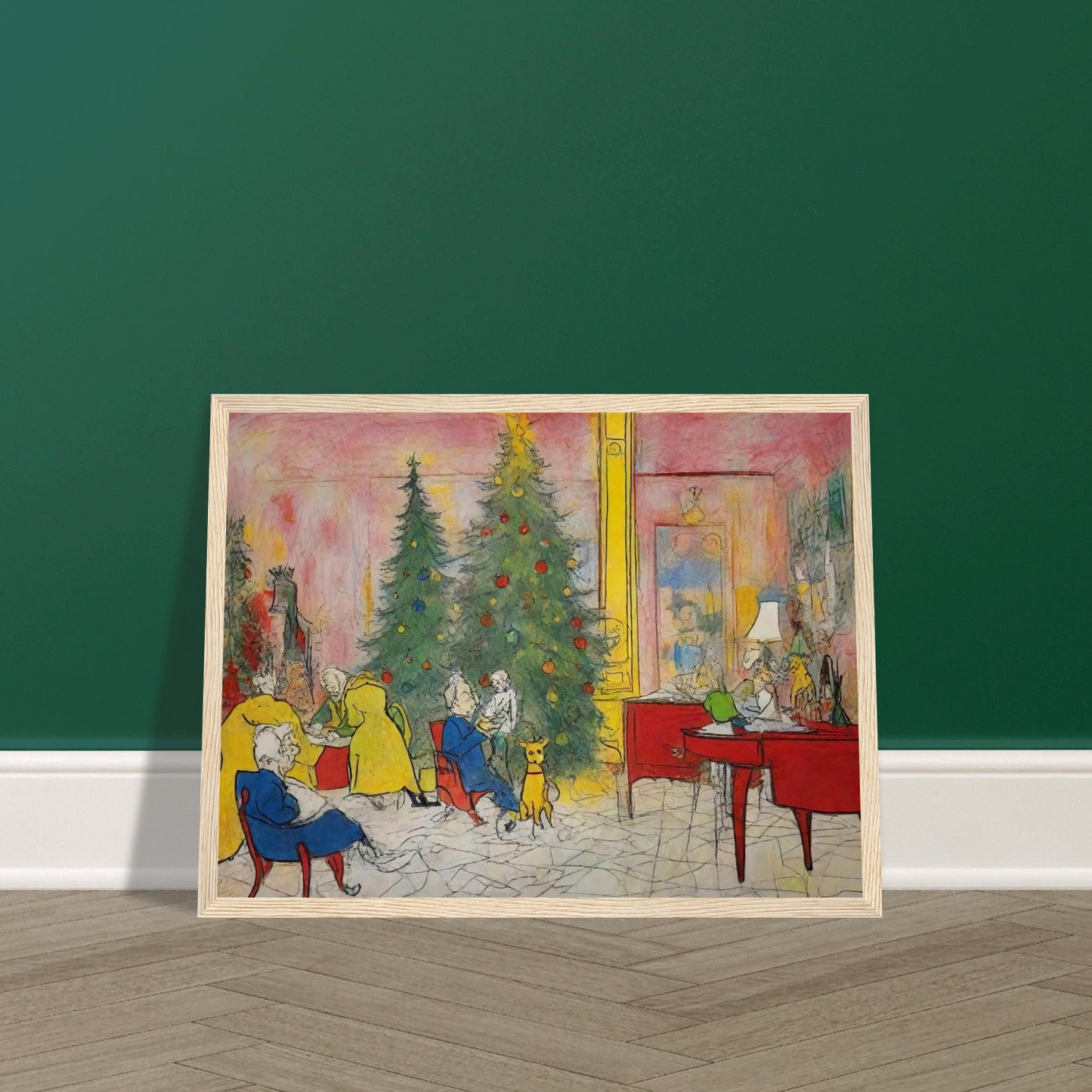 A cozy holiday scene featuring family members and pets gathered around a decorated Christmas tree in a colorful living room, capturing the warmth and joy of the season.