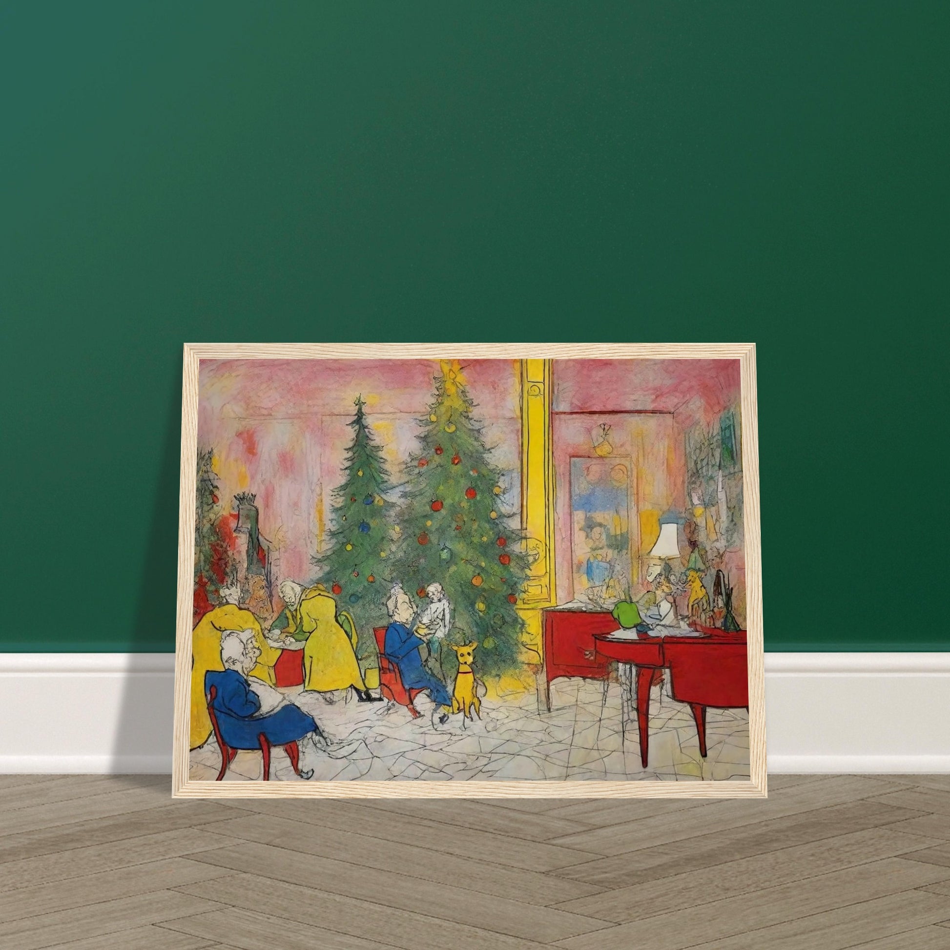 A cozy holiday scene featuring family members and pets gathered around a decorated Christmas tree in a colorful living room, capturing the warmth and joy of the season.