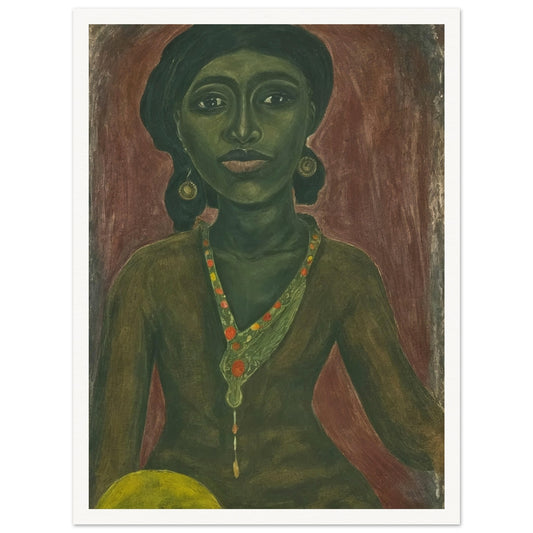 A painting of a woman with a green complexion wearing a beaded necklace and earrings, set against a deep red background.