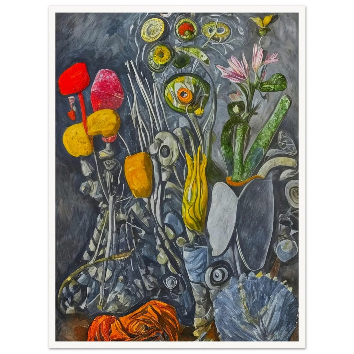 A surreal still-life composition of abstract flowers and plants in vibrant yellows, reds, and greens, set against a textured gray background.