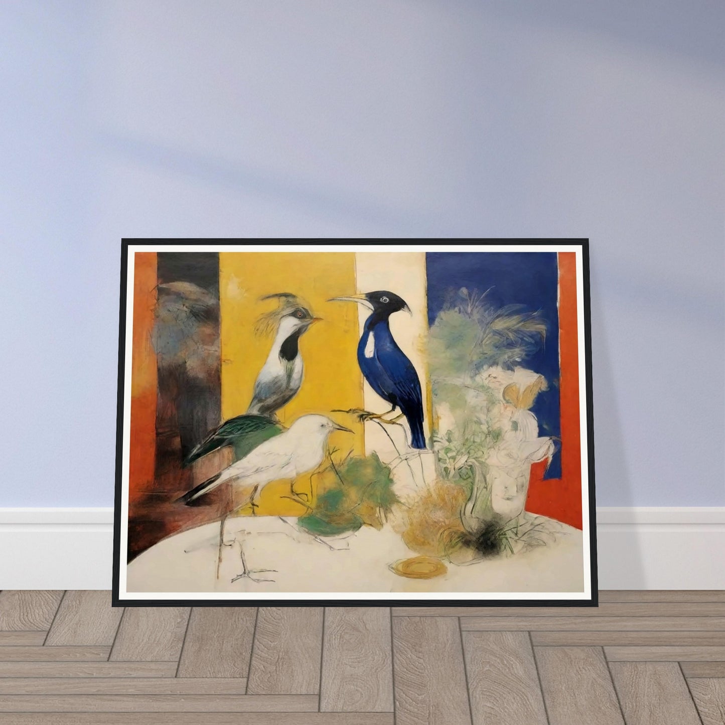 "A striking composition featuring three birds in front of bold color panels, with delicate sketches of plants and flowers surrounding them."