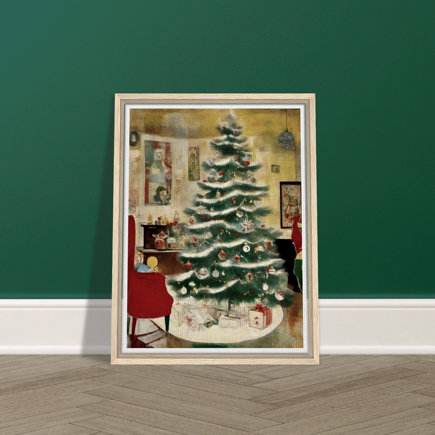 A cozy living room scene featuring a beautifully decorated Christmas tree adorned with ornaments and surrounded by presents, evoking the warmth of the holiday season.