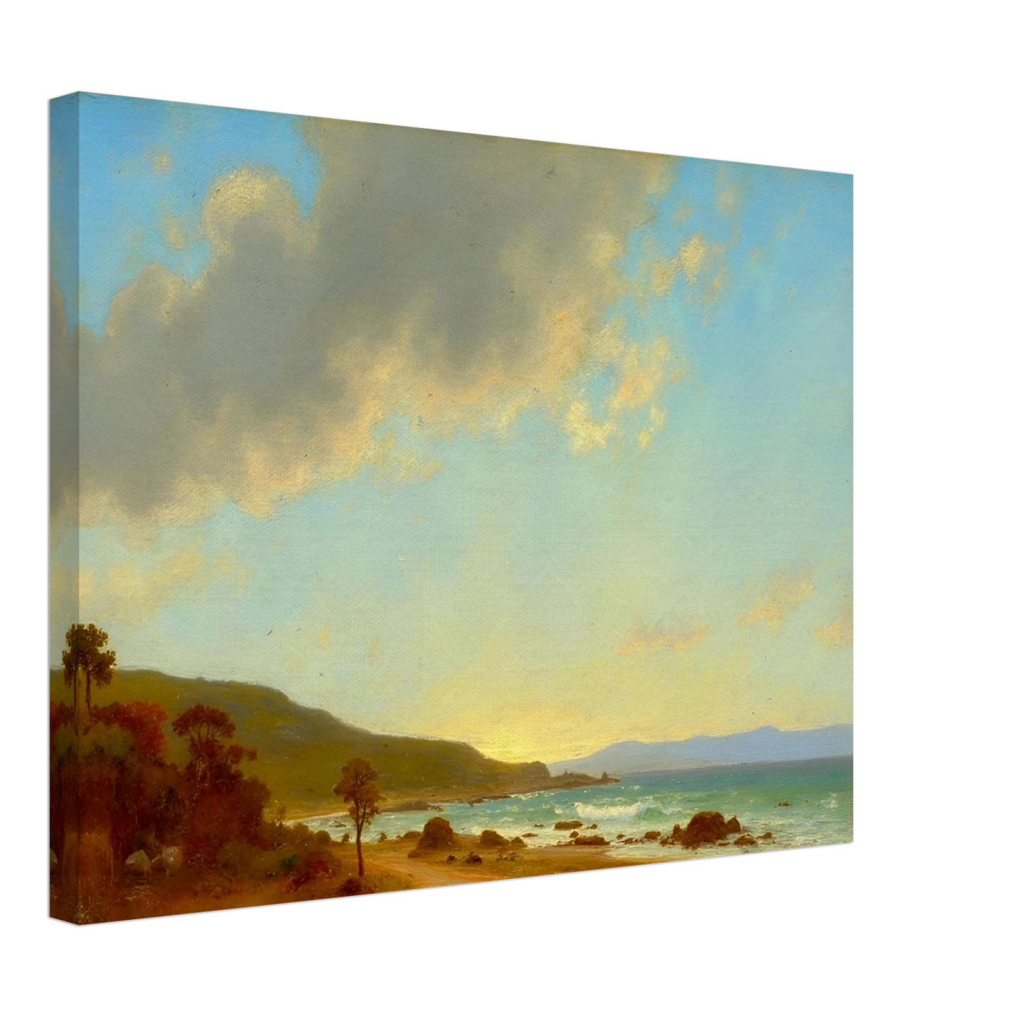 A sunlit coastal landscape with gentle waves meeting a golden shore, framed by rocky outcrops and distant hills under a vast sky.