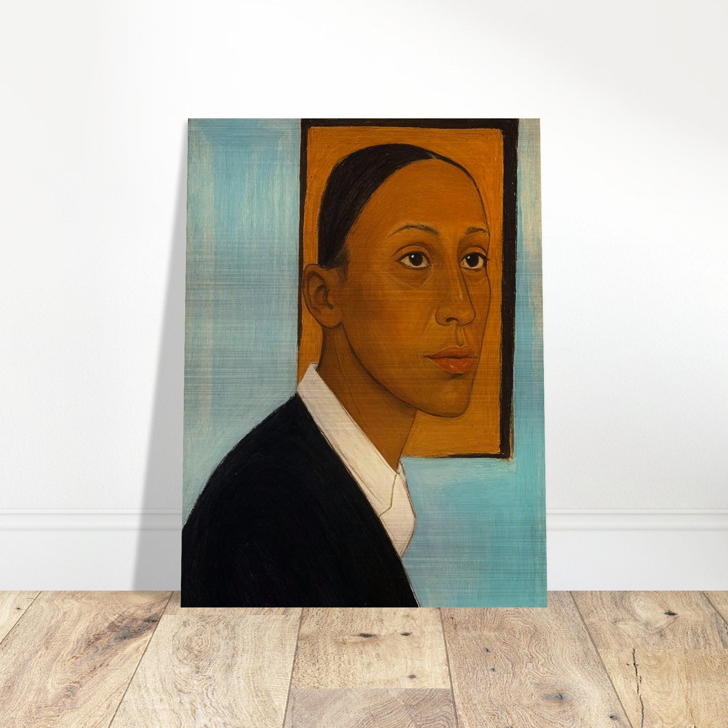 Stylized painting of a person in profile wearing a black jacket and white shirt against a light blue background with an orange frame behind the head.