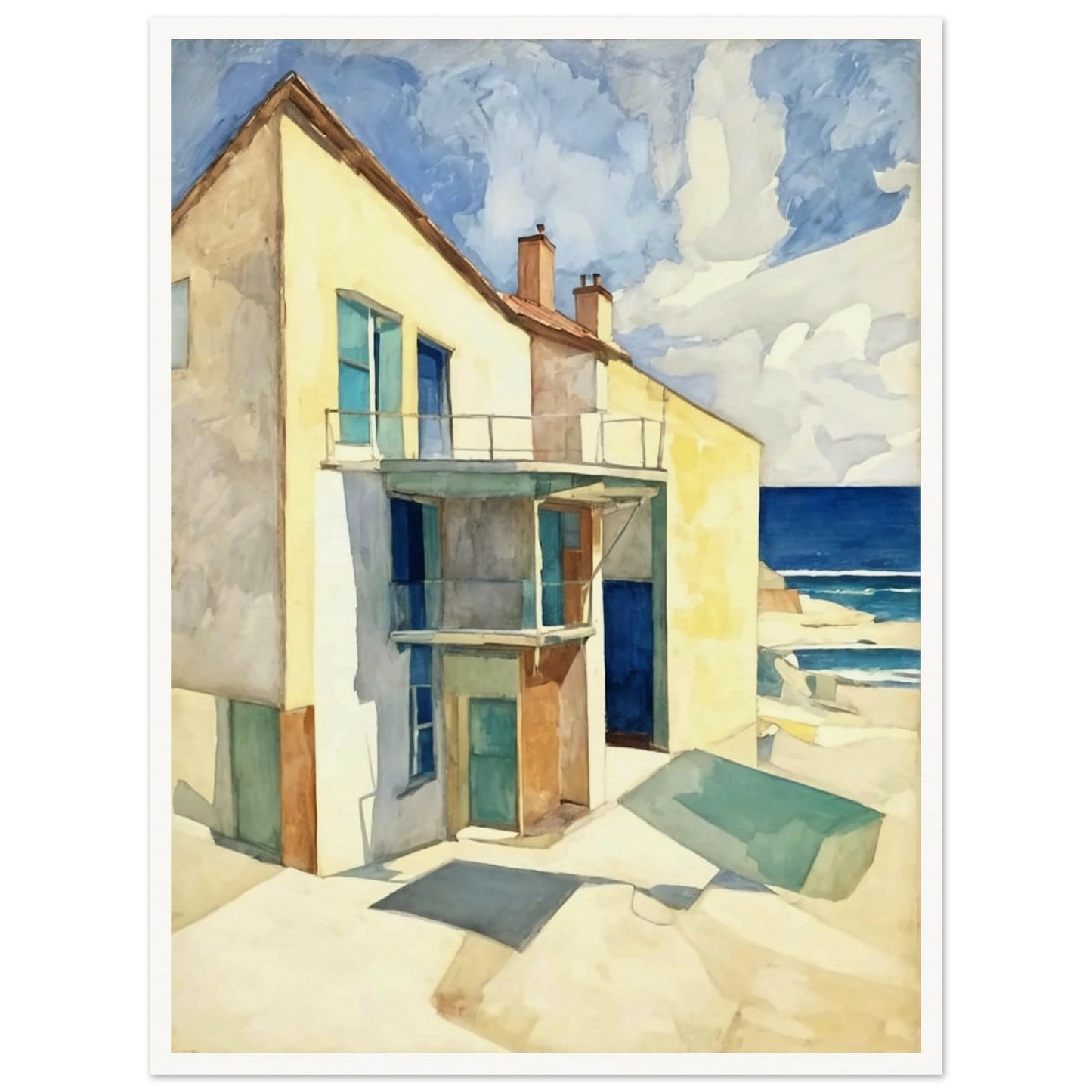 A bright seaside house casts long shadows under the afternoon sun, with a calm ocean and blue skies in the background.