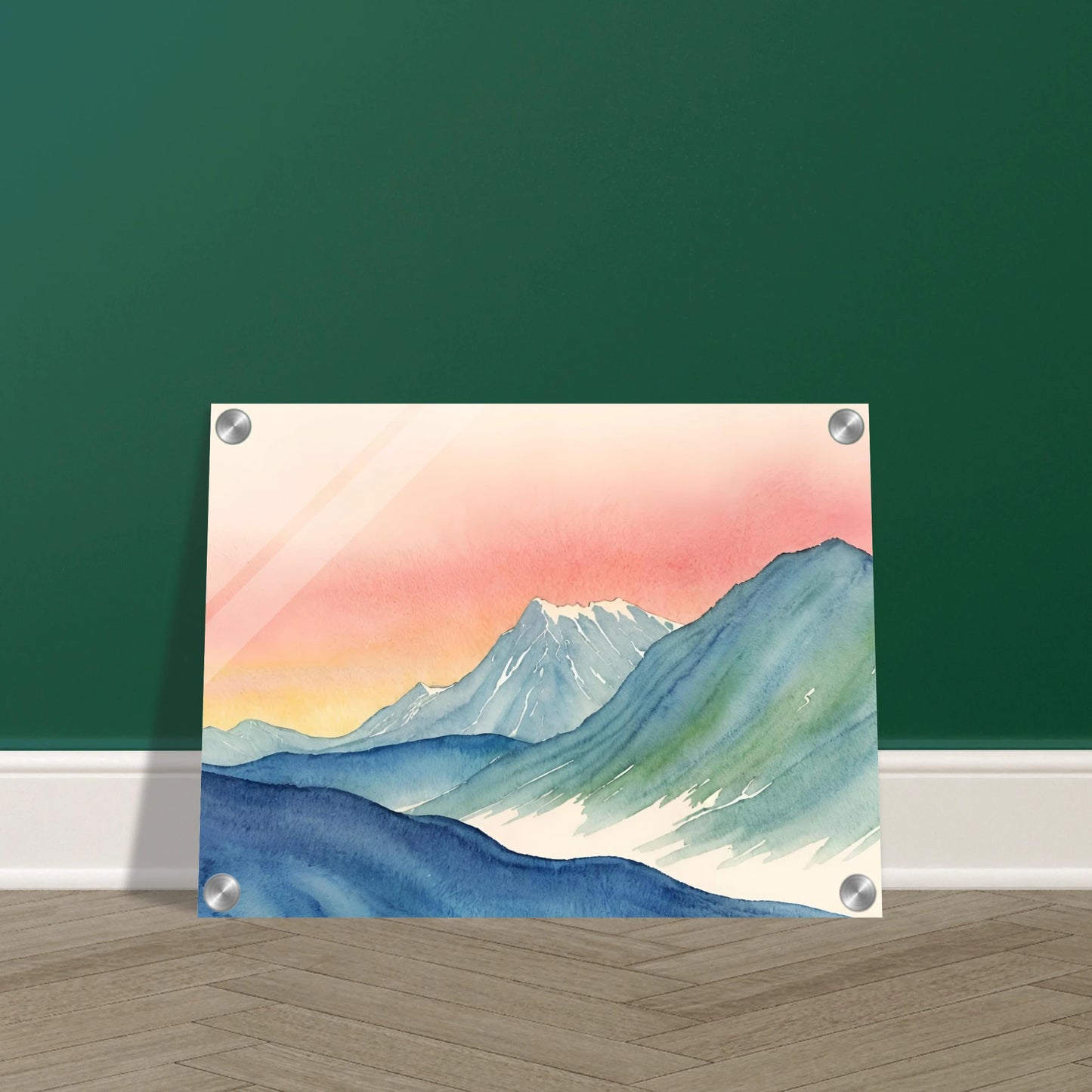 Cool-toned mountain ridges meet a radiant pink and yellow sky in this tranquil watercolor of a twilight alpine scene.