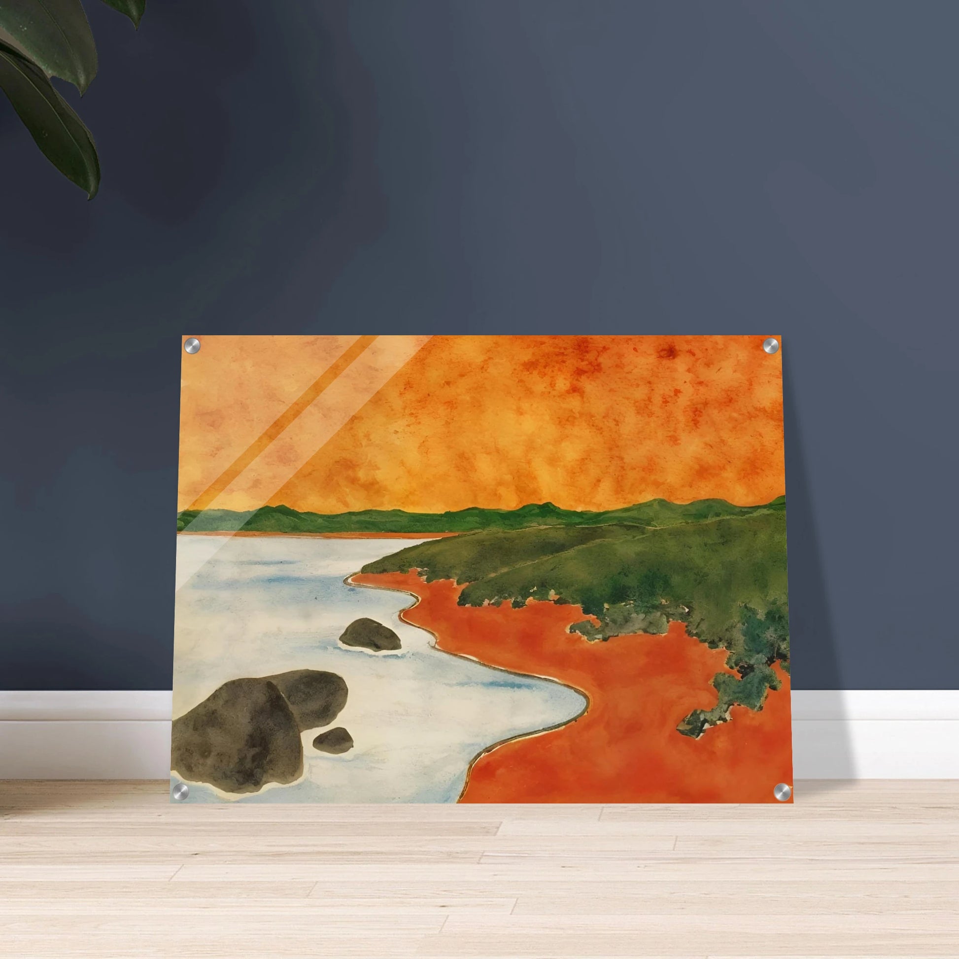 A vivid coastal scene with fiery orange skies, green hills, and calm shoreline waters meeting a winding red shoreline.