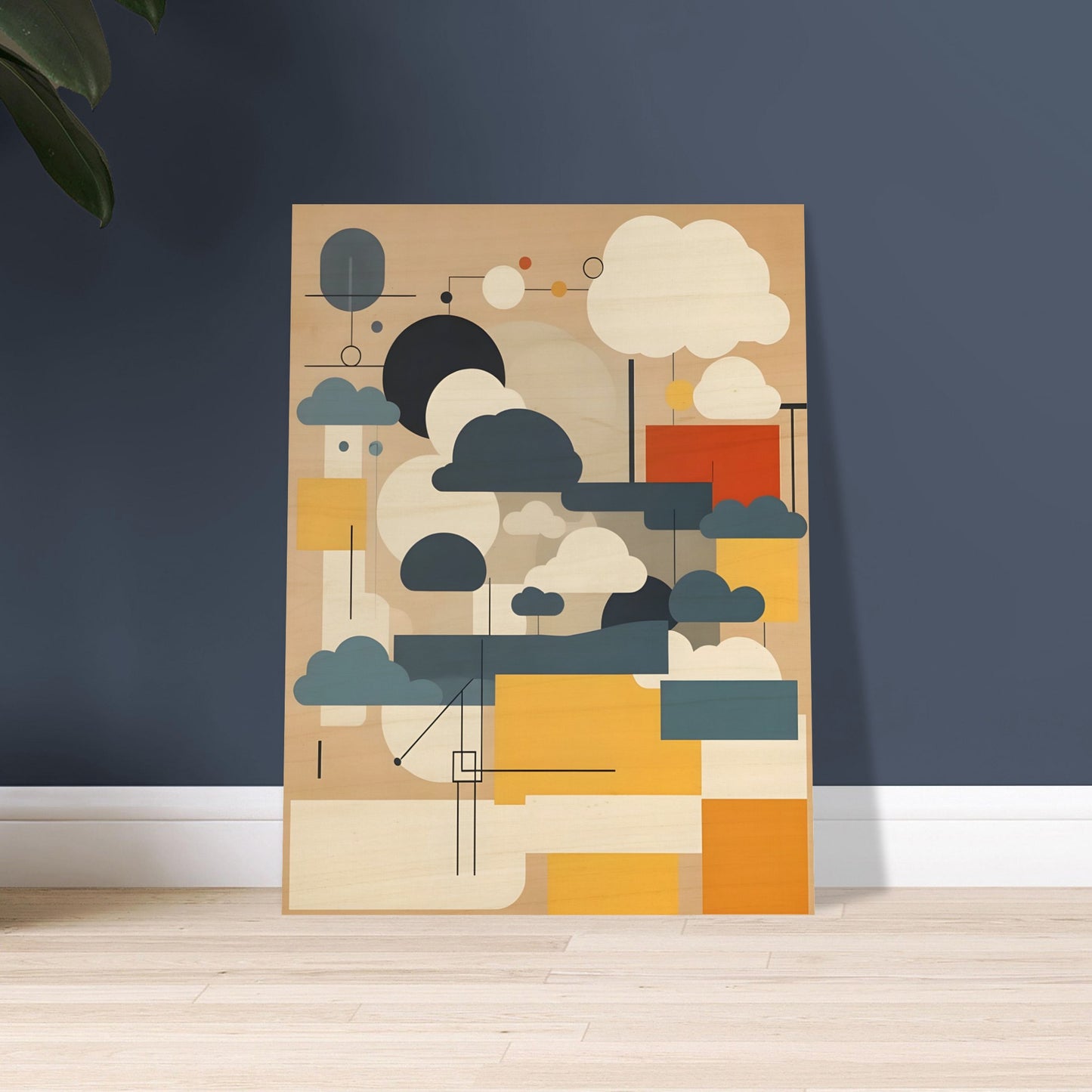 An abstract geometric artwork featuring stylized cloud shapes in white, gray, and blue, with rectangular blocks in yellow, beige, and red on a muted tan background.