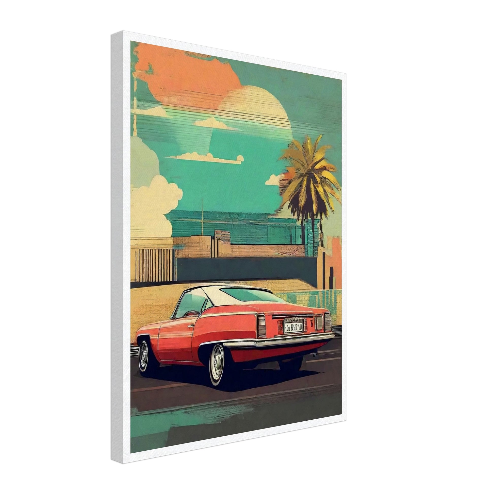 A vintage-style illustration of a red classic car parked near a palm tree with a sunset background.