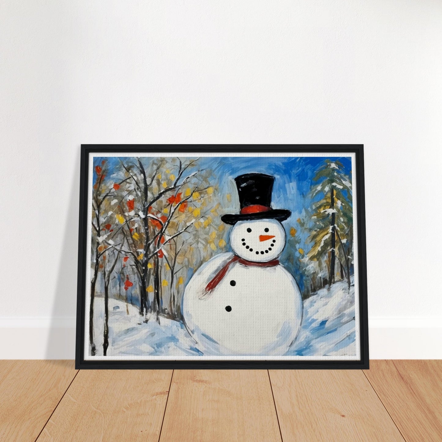 A cheerful snowman with a black top hat and red scarf stands in a snow-covered landscape, surrounded by snow-dusted trees with autumn leaves and a clear blue sky.
