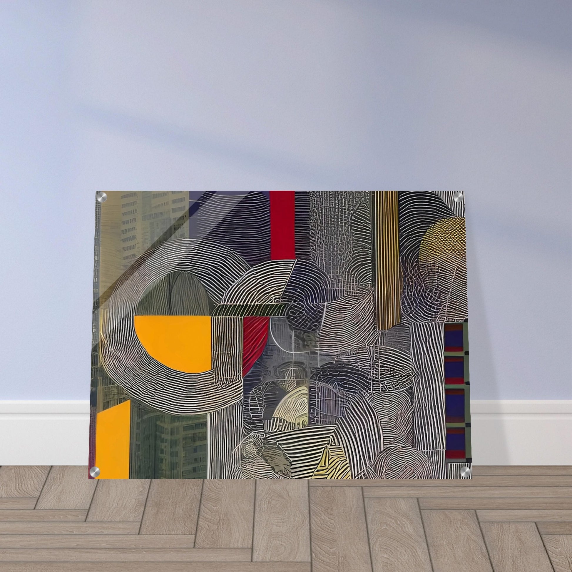 A contemporary abstract painting featuring bold geometric shapes, lines, and patterns, evoking an urban architectural landscape.