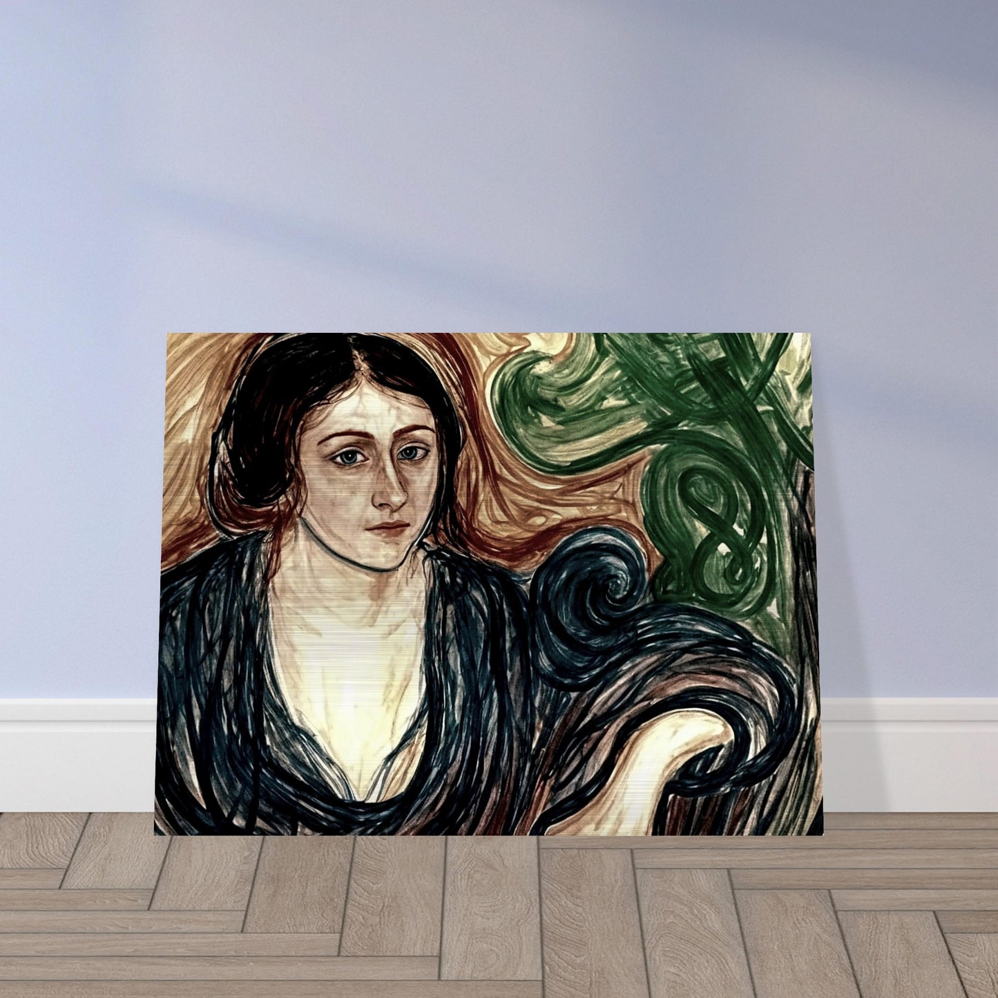 A contemplative portrait of a woman with dark hair, dressed in a flowing blue robe, surrounded by swirling patterns of green and brown.