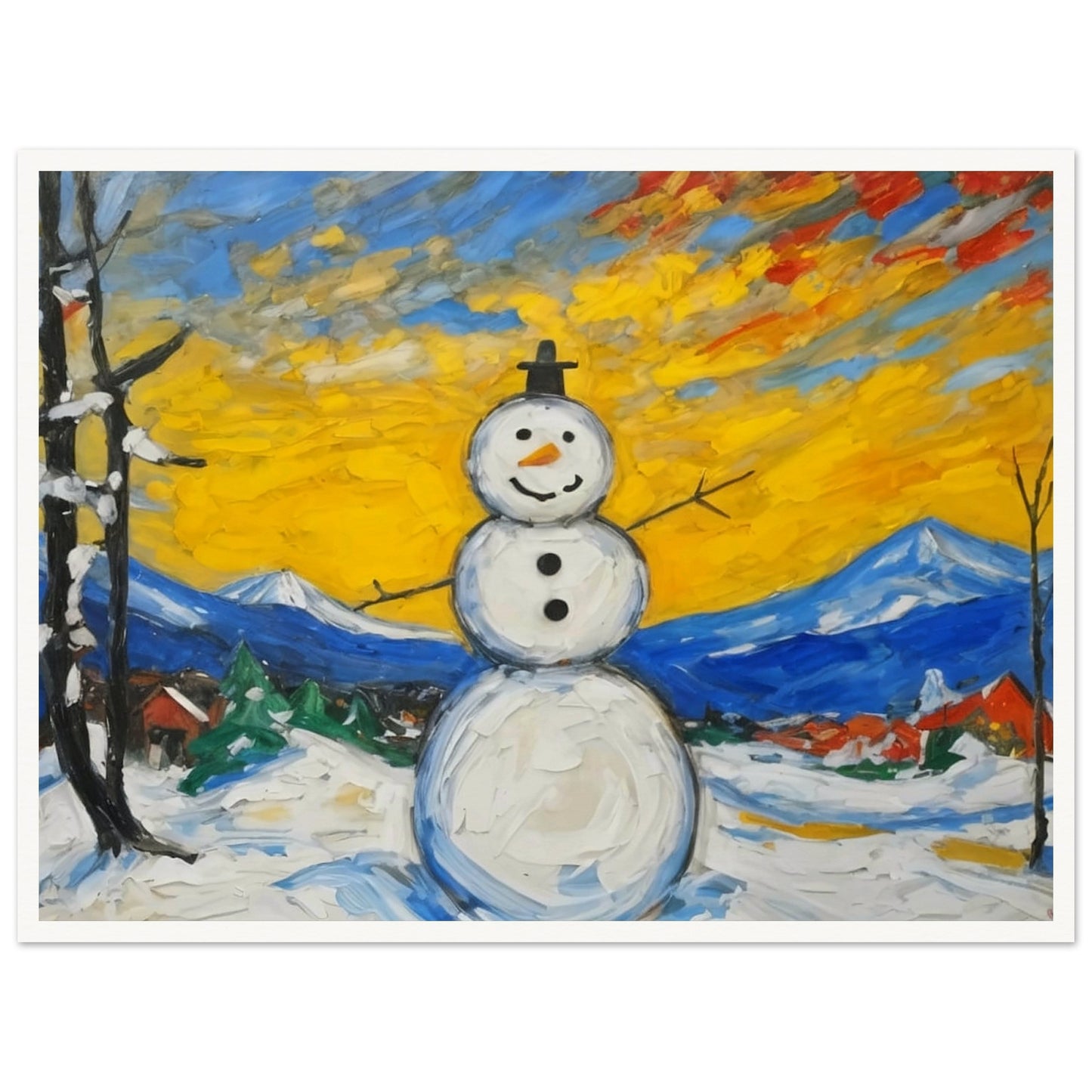 A cheerful snowman stands in a snowy village landscape with a vibrant yellow and orange sunrise, framed by mountains and trees, bringing joy to the winter scene.