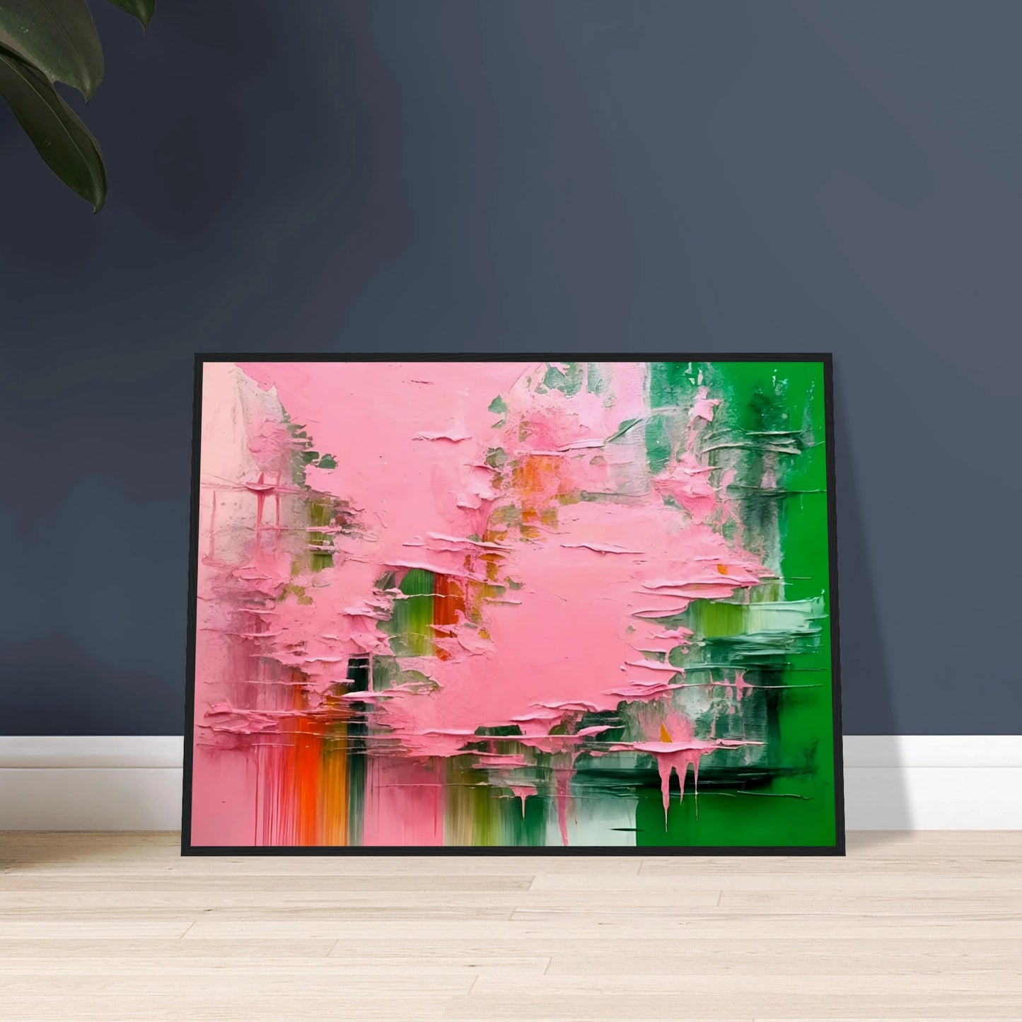Vibrant abstract art with bold green and pink textures, layered and dripping paint blending with subtle orange and white strokes.