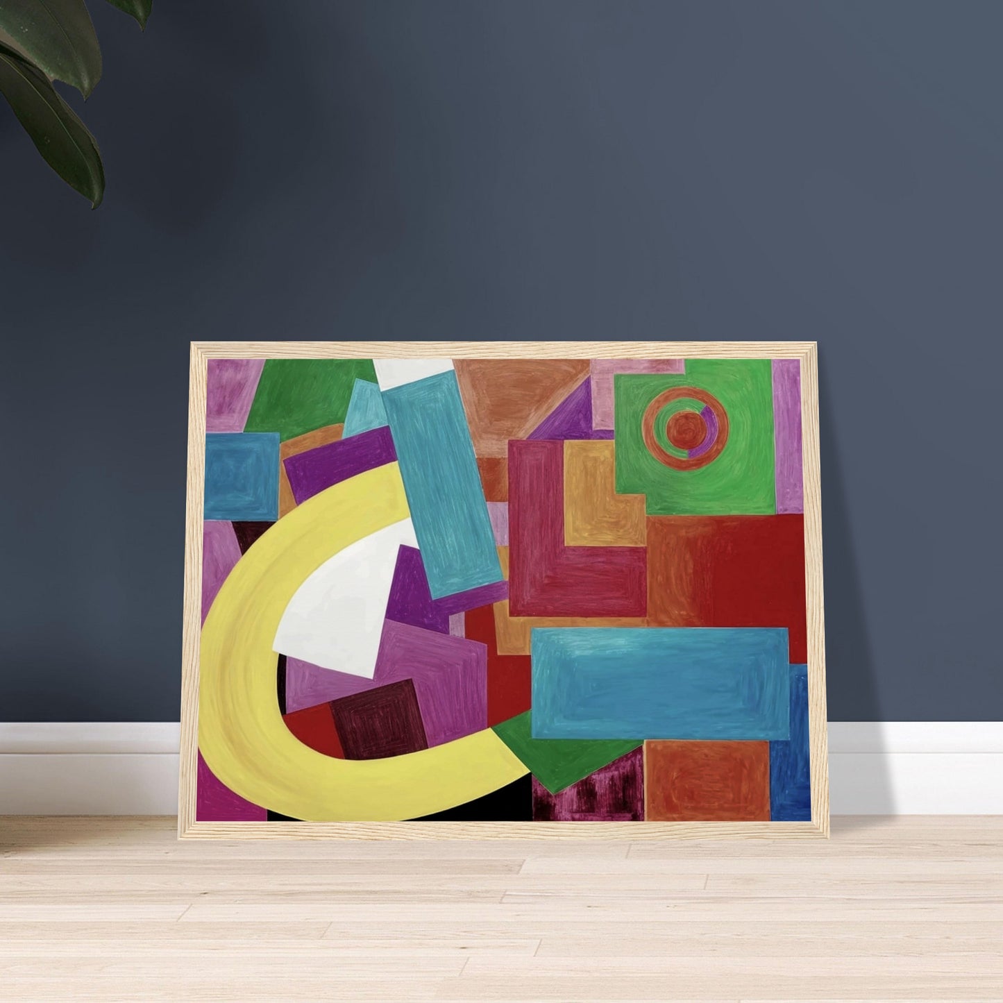 Dynamic composition of colorful geometric shapes, featuring rectangles, squares, and arcs in bold hues of yellow, blue, green, and red.