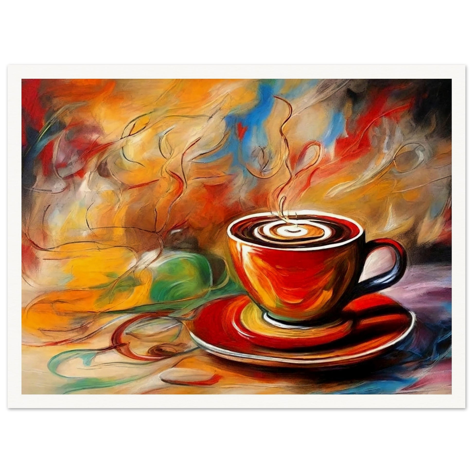 "An expressive painting of a steaming cup of coffee in a red cup with swirling colors of orange, yellow, and blue in the background."