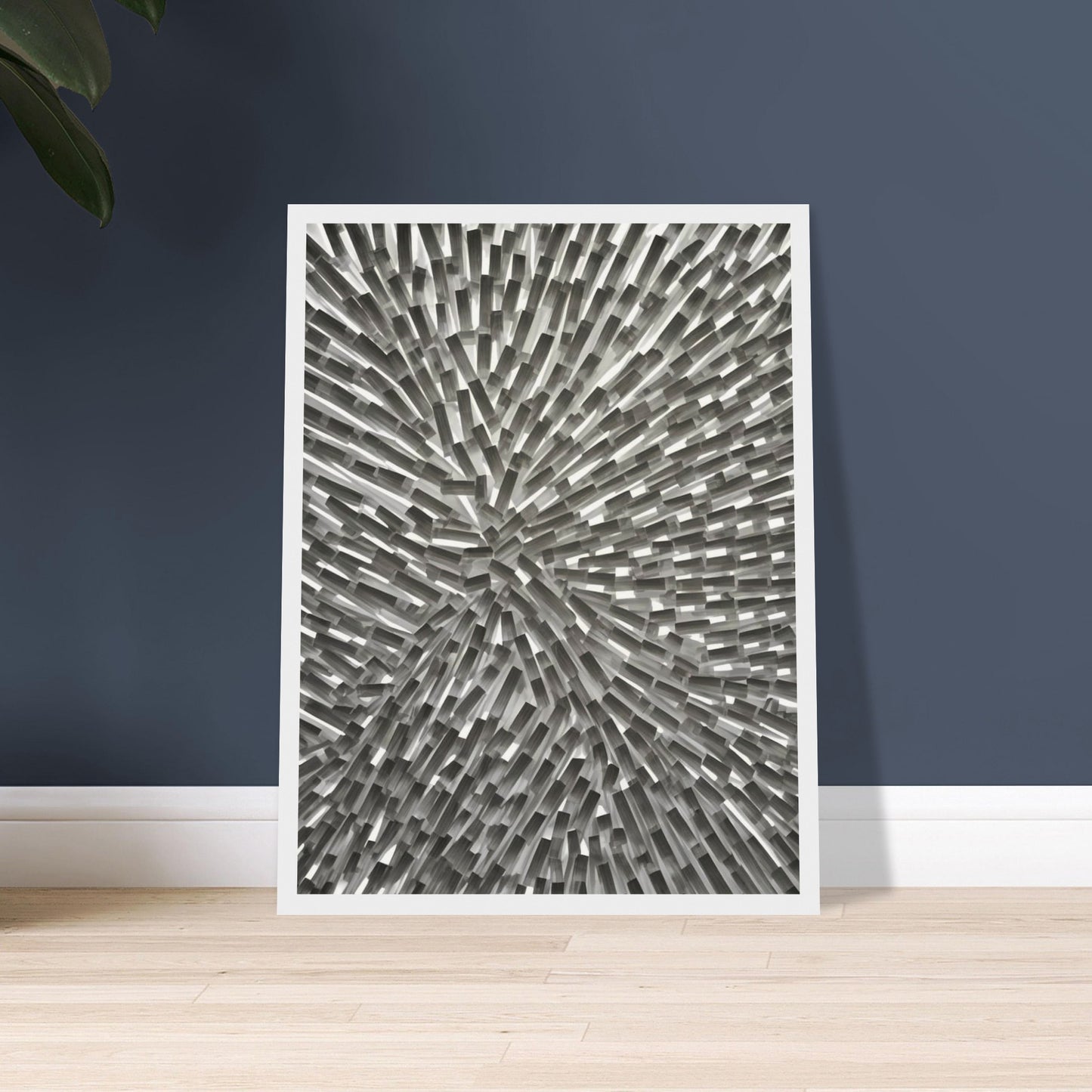 An abstract monochromatic artwork featuring a dynamic arrangement of geometric rectangular blocks radiating outward in a burst-like pattern.
