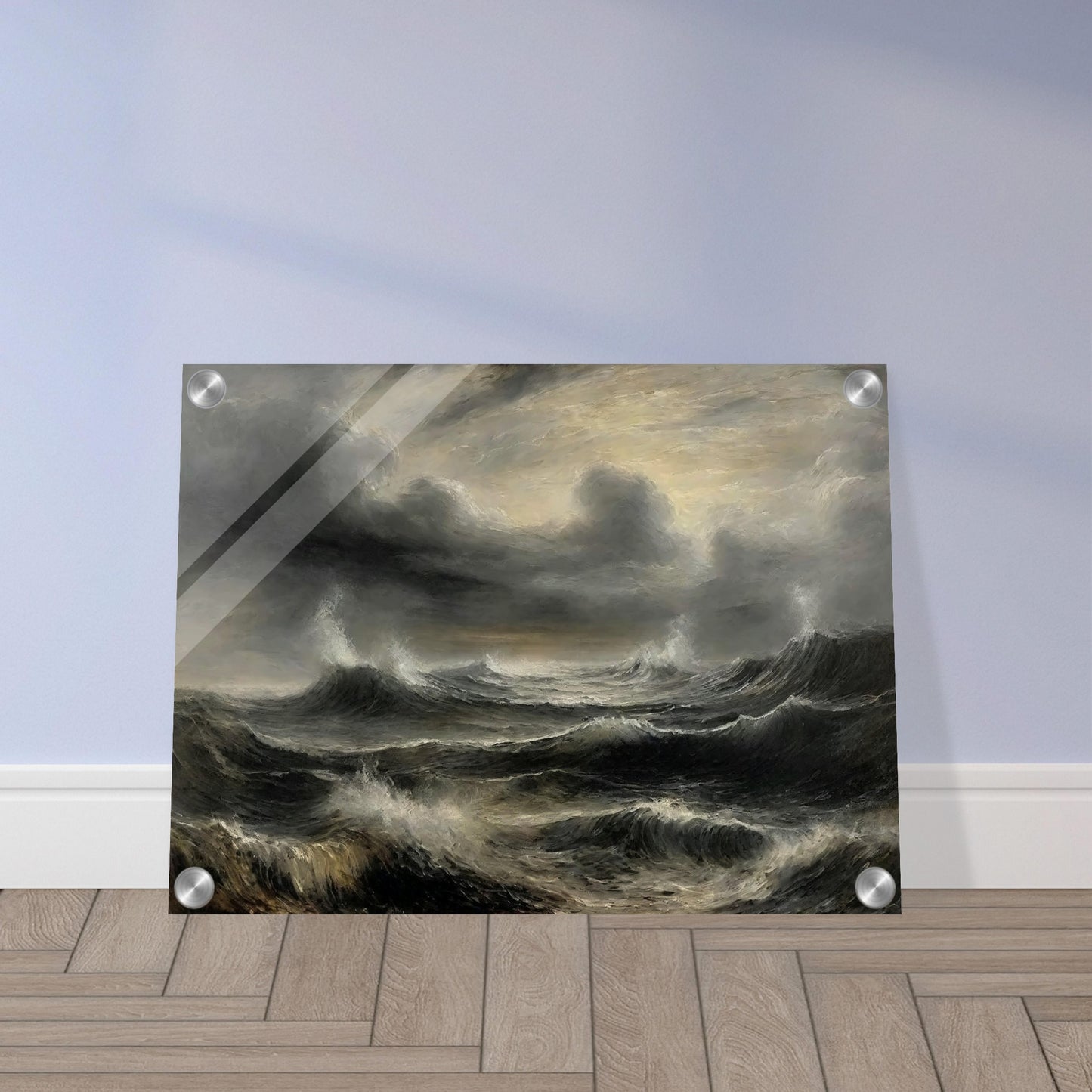 A dramatic painting of a stormy sea with dark, turbulent waves and ominous clouds. The swirling, textured brushstrokes capture the intensity and power of the ocean during a tempest.