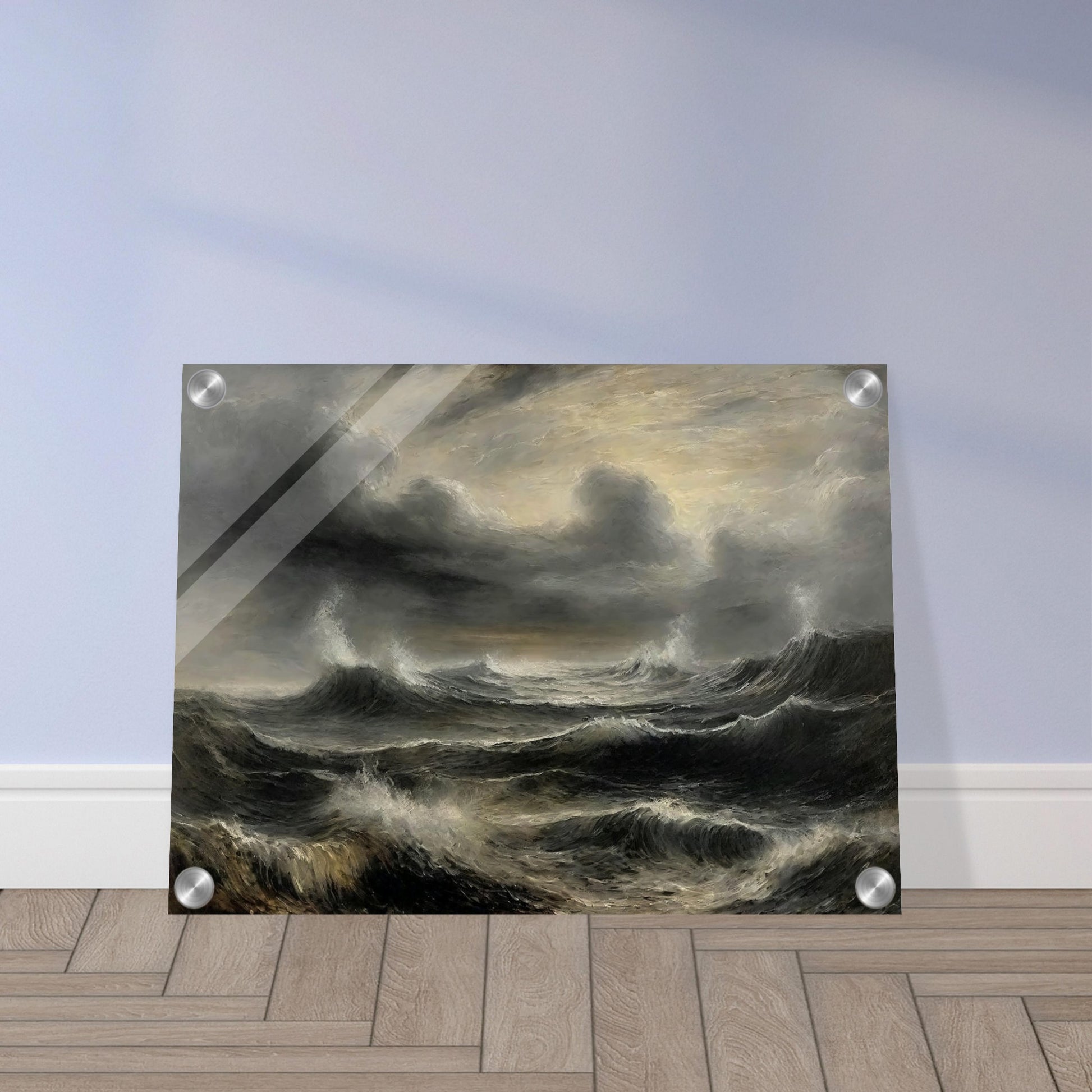 A dramatic painting of a stormy sea with dark, turbulent waves and ominous clouds. The swirling, textured brushstrokes capture the intensity and power of the ocean during a tempest.