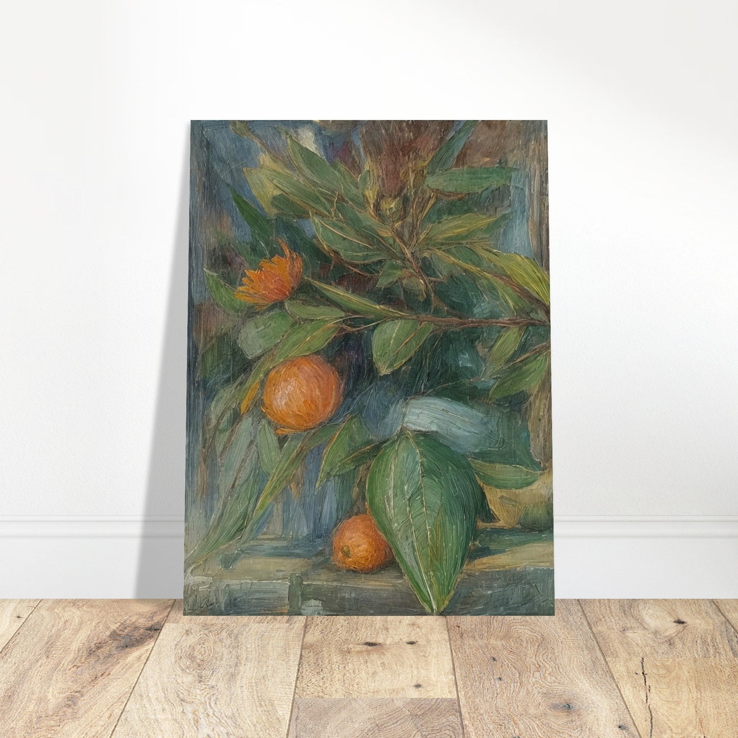 A still life painting featuring a vibrant arrangement of orange fruits and green leaves, showcasing the beauty and abundance of nature.