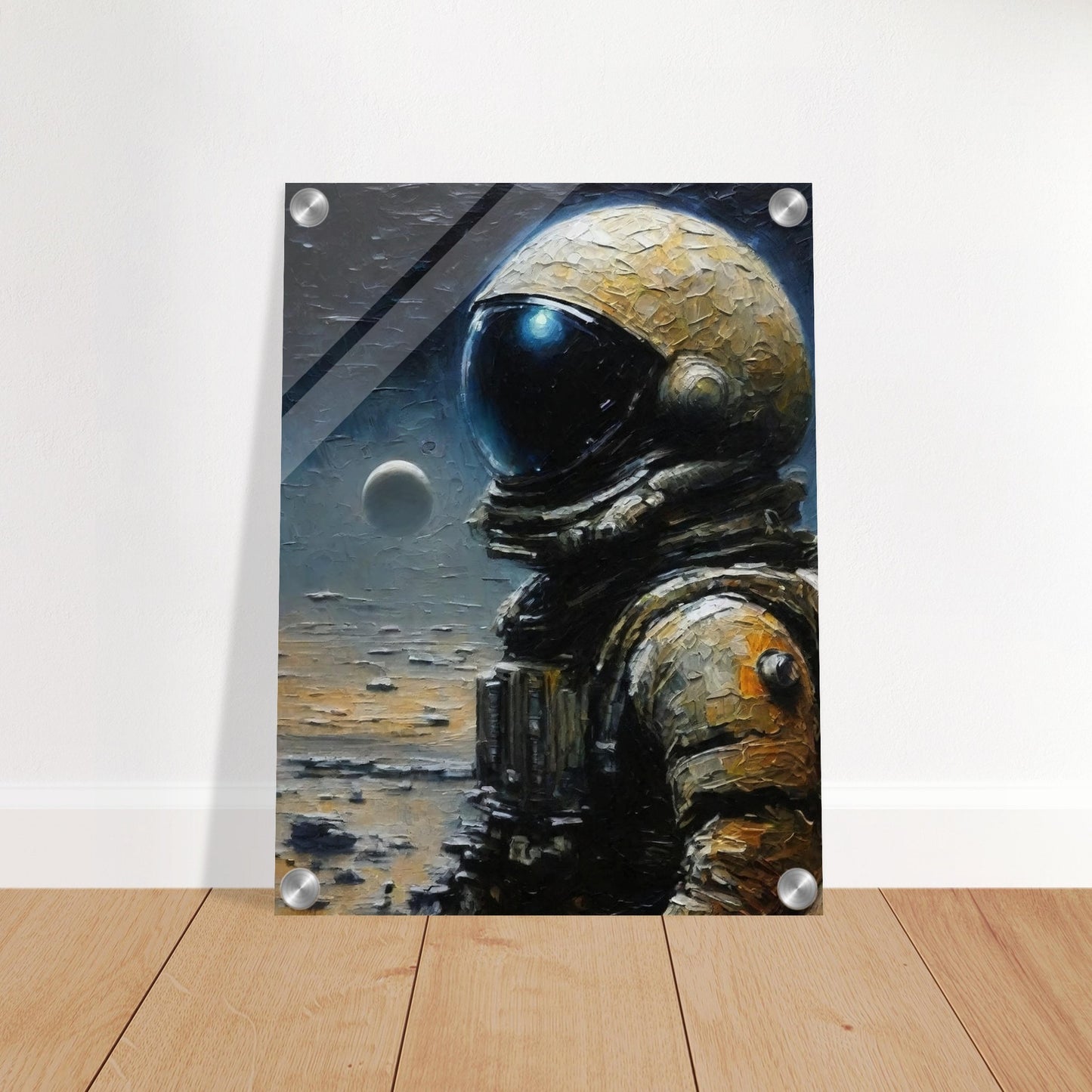 A detailed painting of an astronaut in a spacesuit standing on a lunar surface with a distant planet in the background.