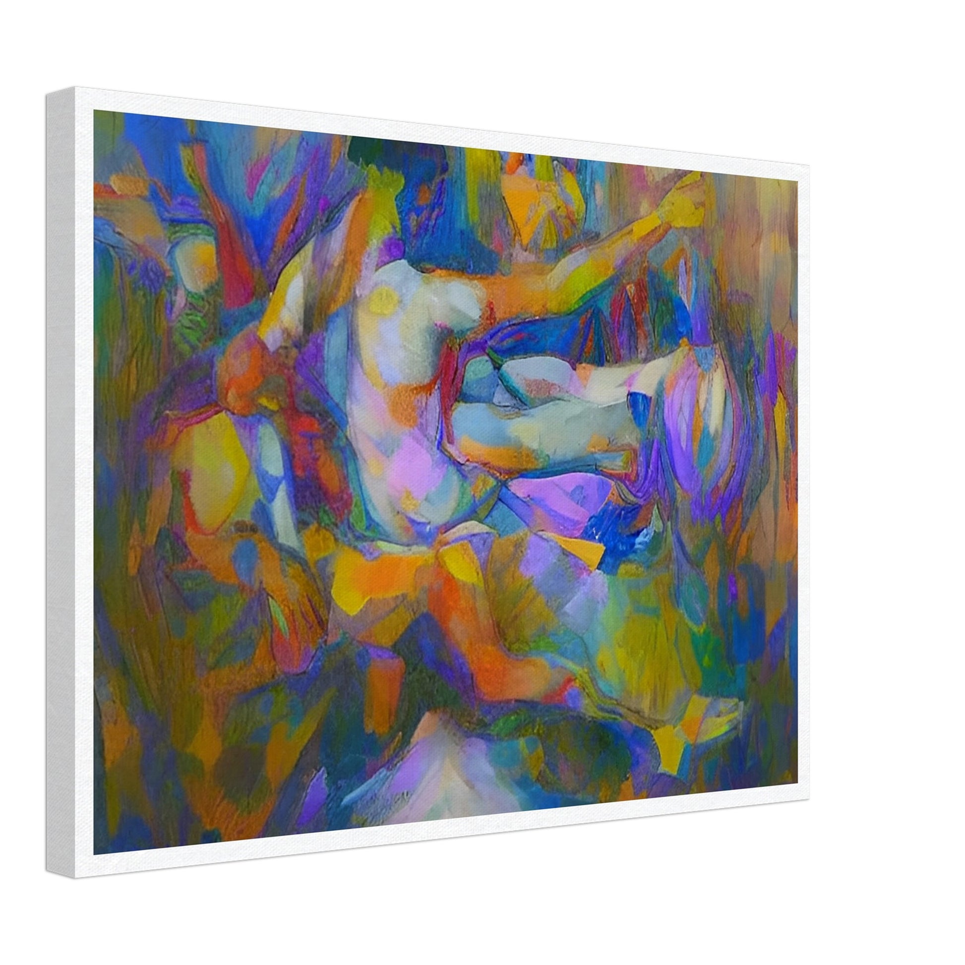 An abstract painting of human figures with vibrant, dynamic colors and forms creating a sense of movement and energy.