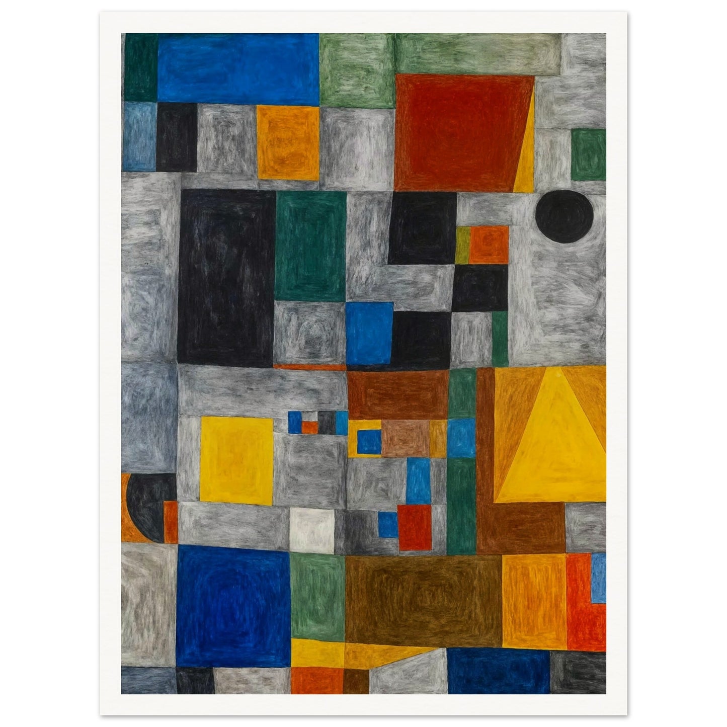 Abstract geometric artwork featuring a grid of colored squares and rectangles, creating a vibrant, dynamic composition.