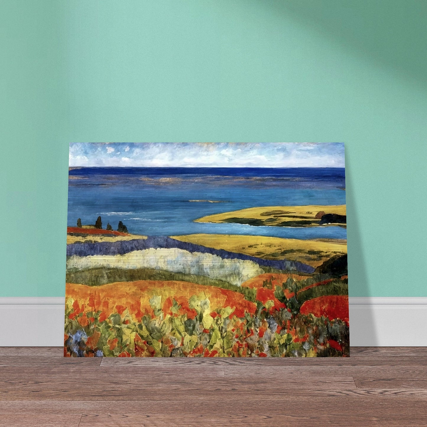 A vivid coastal landscape featuring rolling hills of red and green leading to a calm blue sea. A bright sky hovers over the serene shoreline.