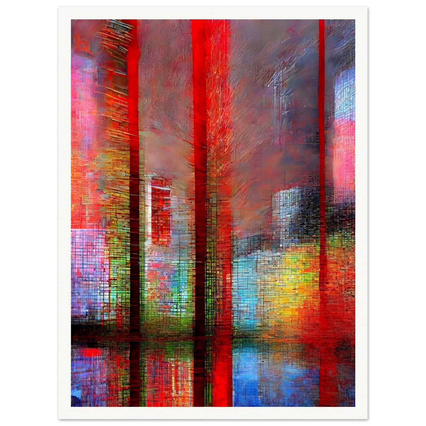 A vibrant abstract cityscape featuring tall red structures, colorful reflections, and a textured urban atmosphere in shades of red, blue, and yellow.
