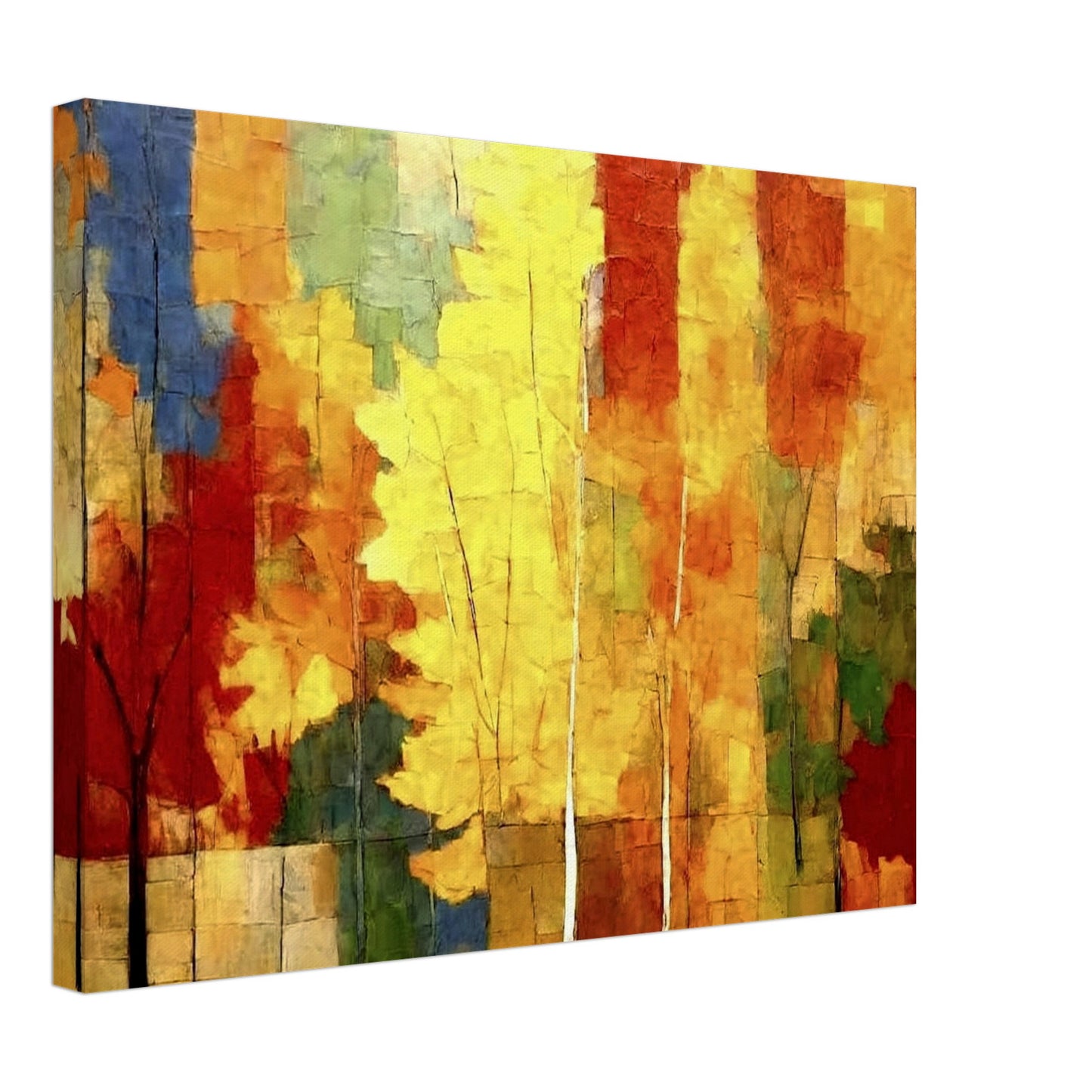 A vibrant painting of autumn trees, featuring bold colors like yellow, red, and orange, with a mix of abstract brush strokes depicting a forest scene.
