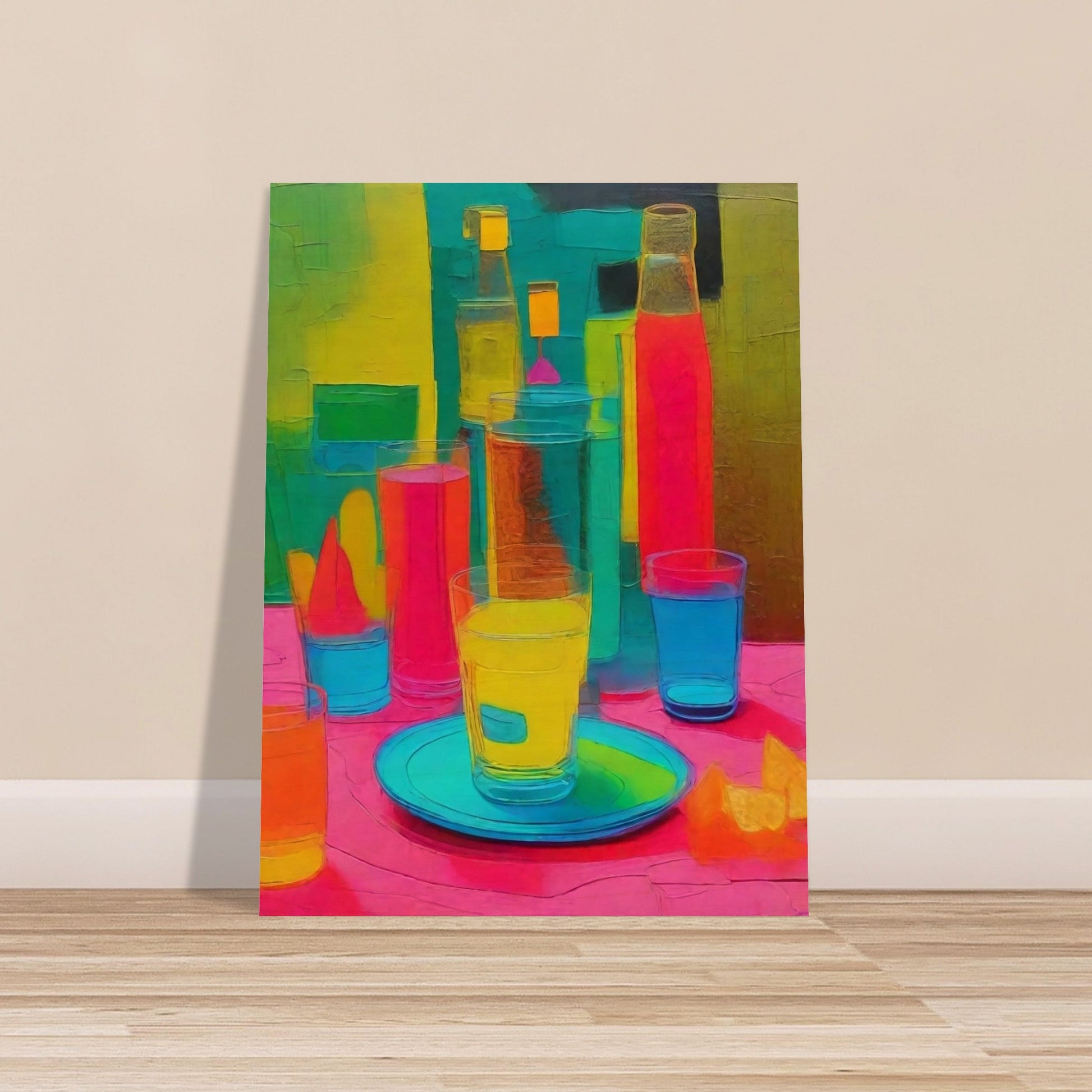 A bold and colorful still life painting with neon hues of pink, yellow, and blue, featuring bottles, glasses, and a plate on a table.