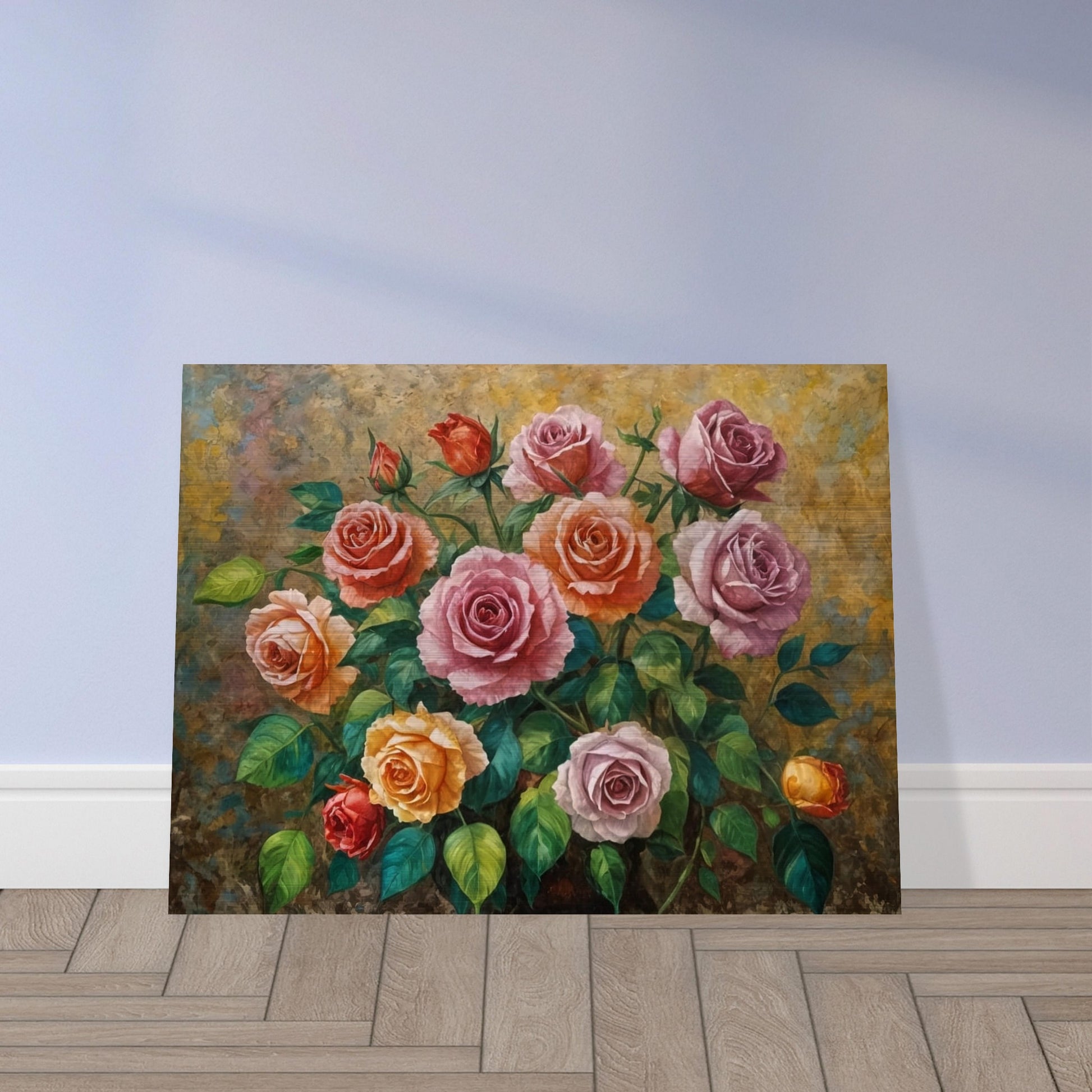 A captivating arrangement of multicolored roses, their petals beautifully layered and surrounded by fresh green foliage.