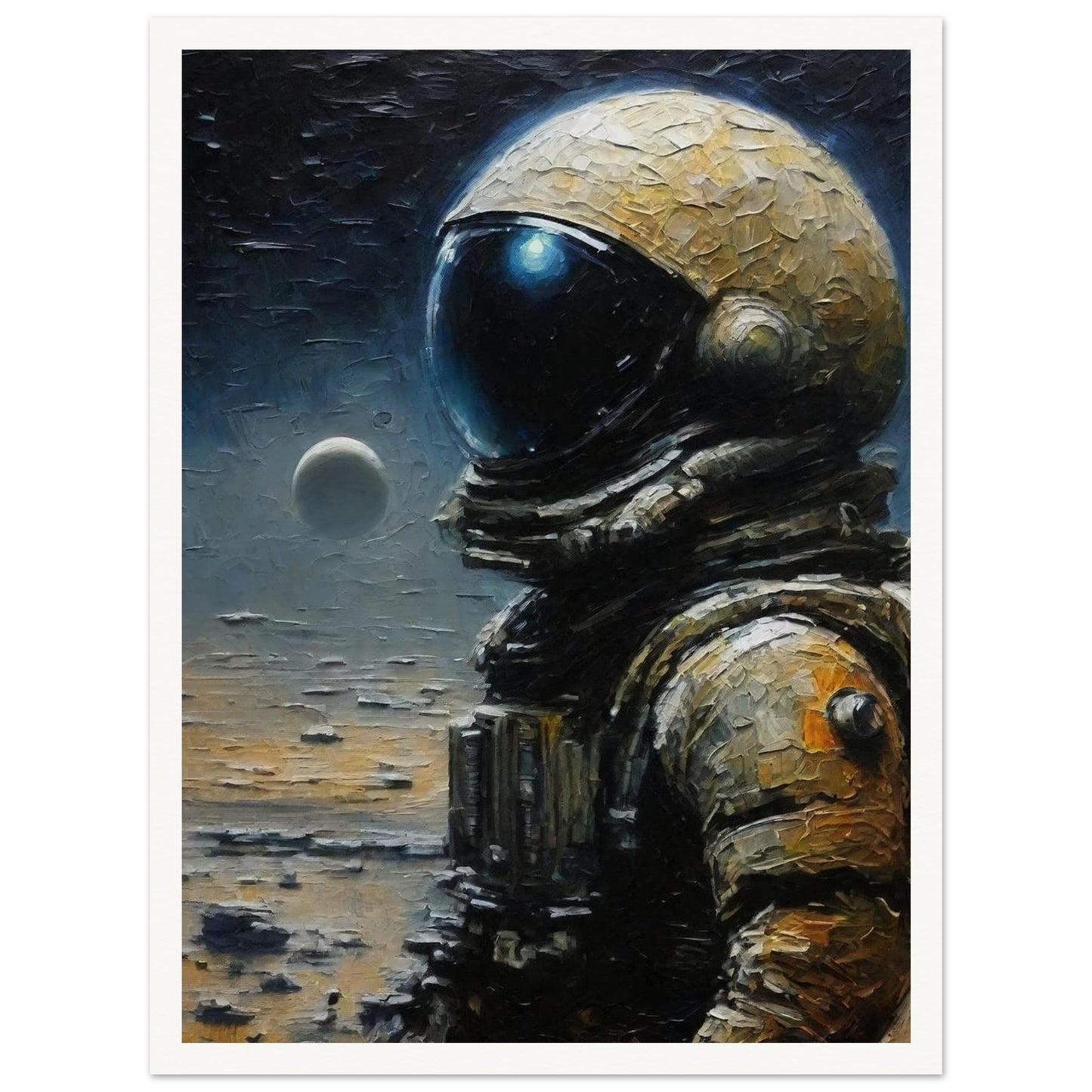 A detailed painting of an astronaut in a spacesuit standing on a lunar surface with a distant planet in the background.